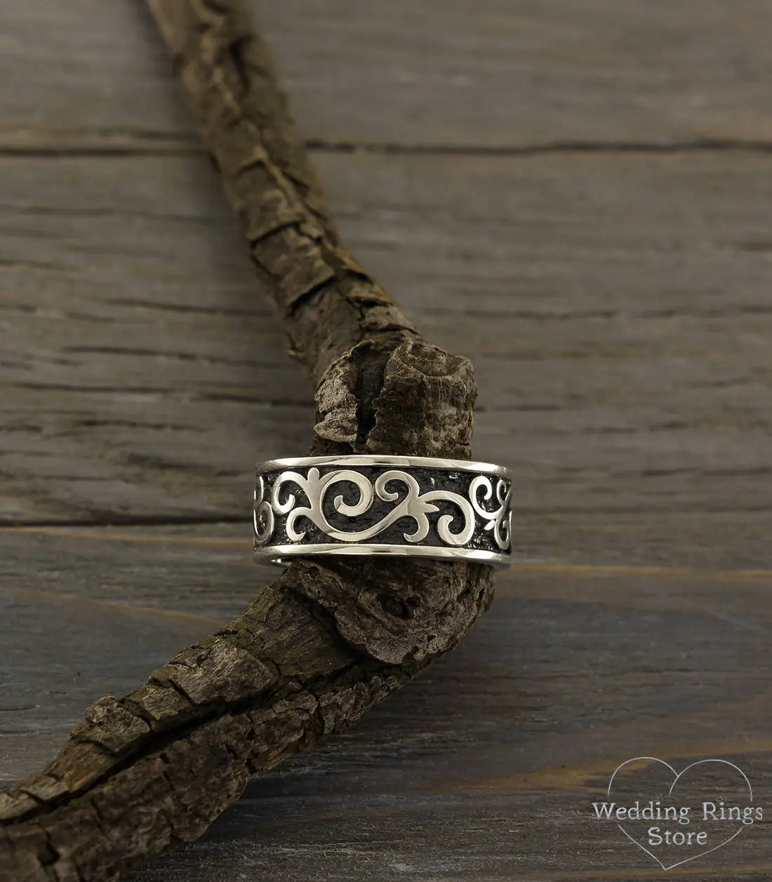 Antique style Sterling Silver Wedding Band Vines & Oxidized