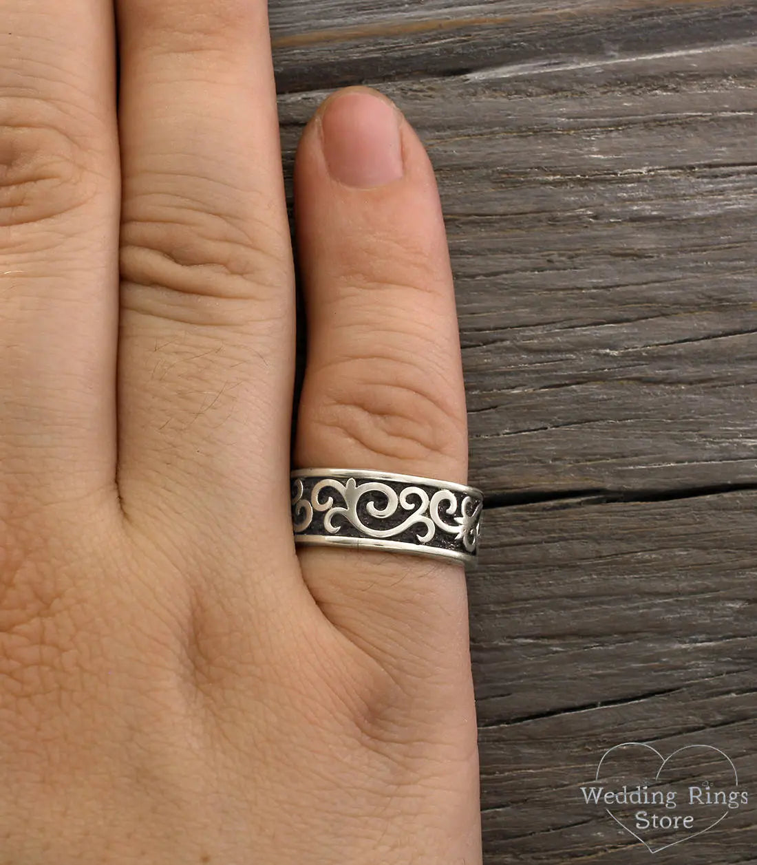 Antique style Sterling Silver Wedding Band Vines & Oxidized