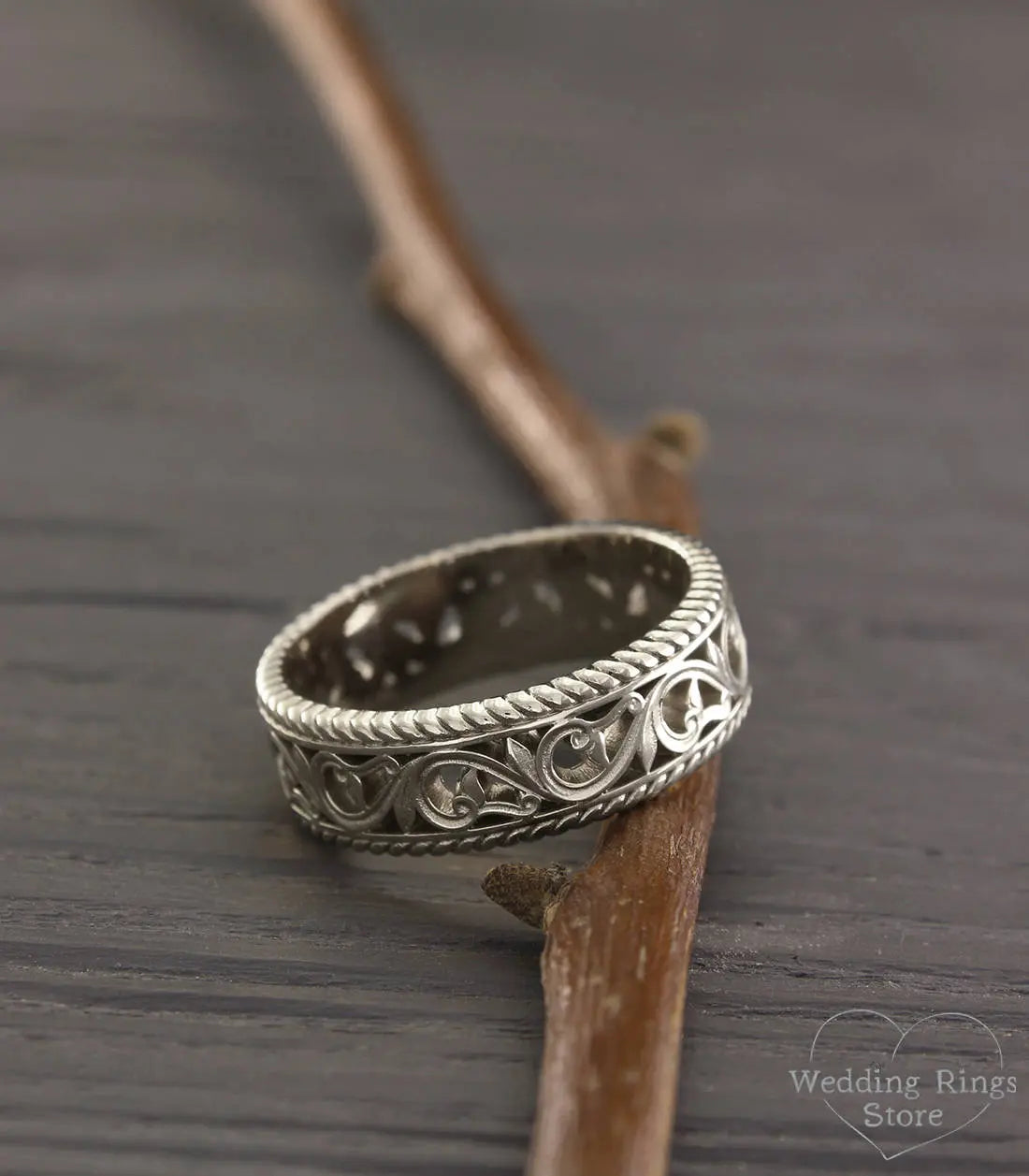 Vintage Style openwork Vine & Filigree Silver Wedding Ring