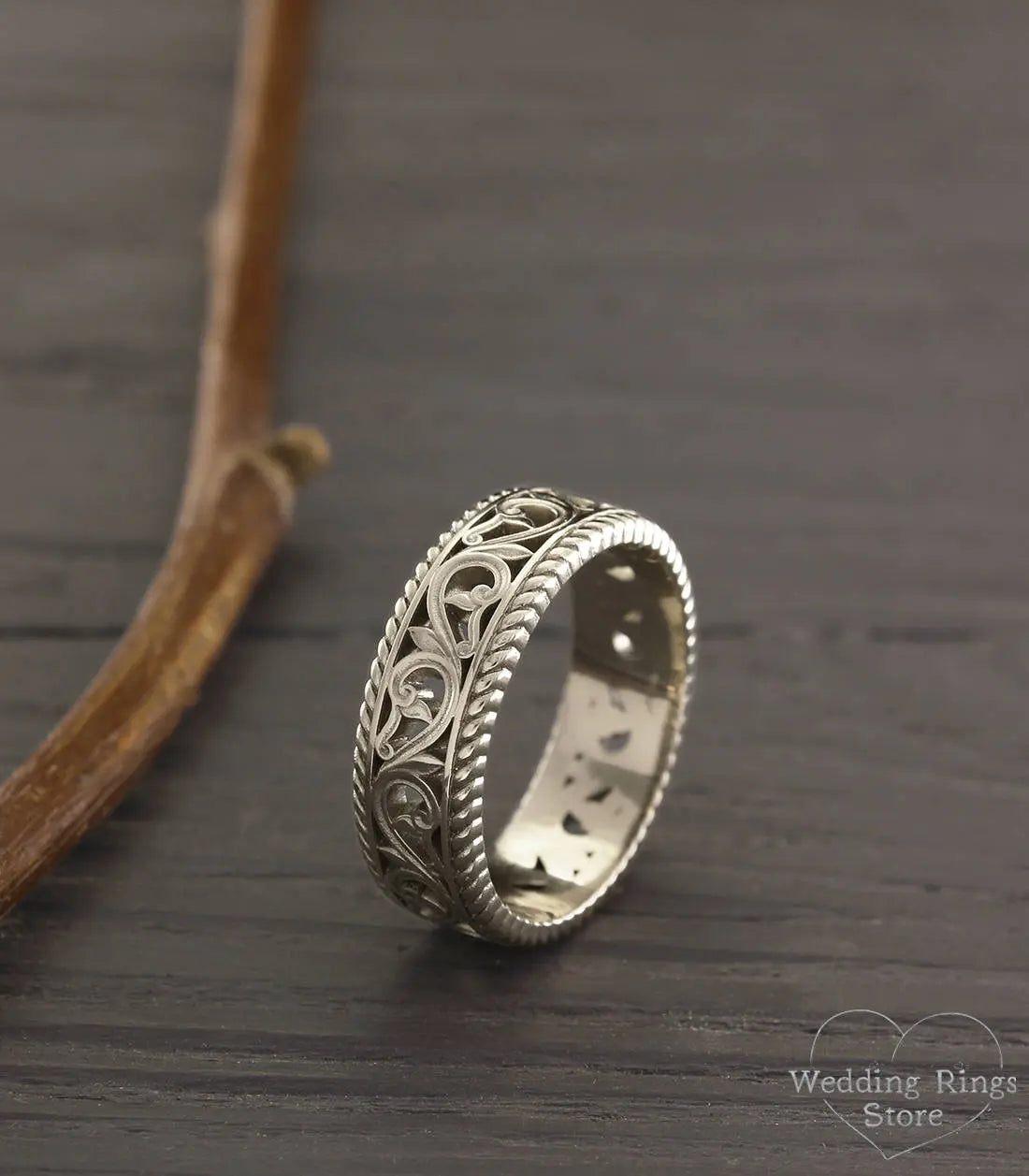 Vintage Style openwork Vine & Filigree Silver Wedding Ring