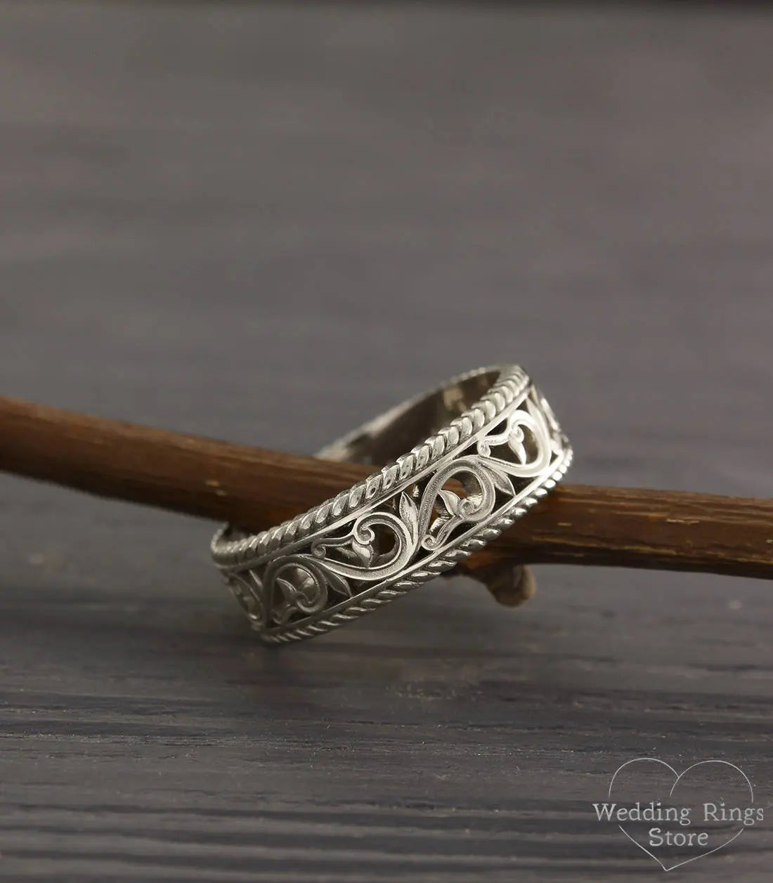 Vintage Style openwork Vine & Filigree Silver Wedding Ring