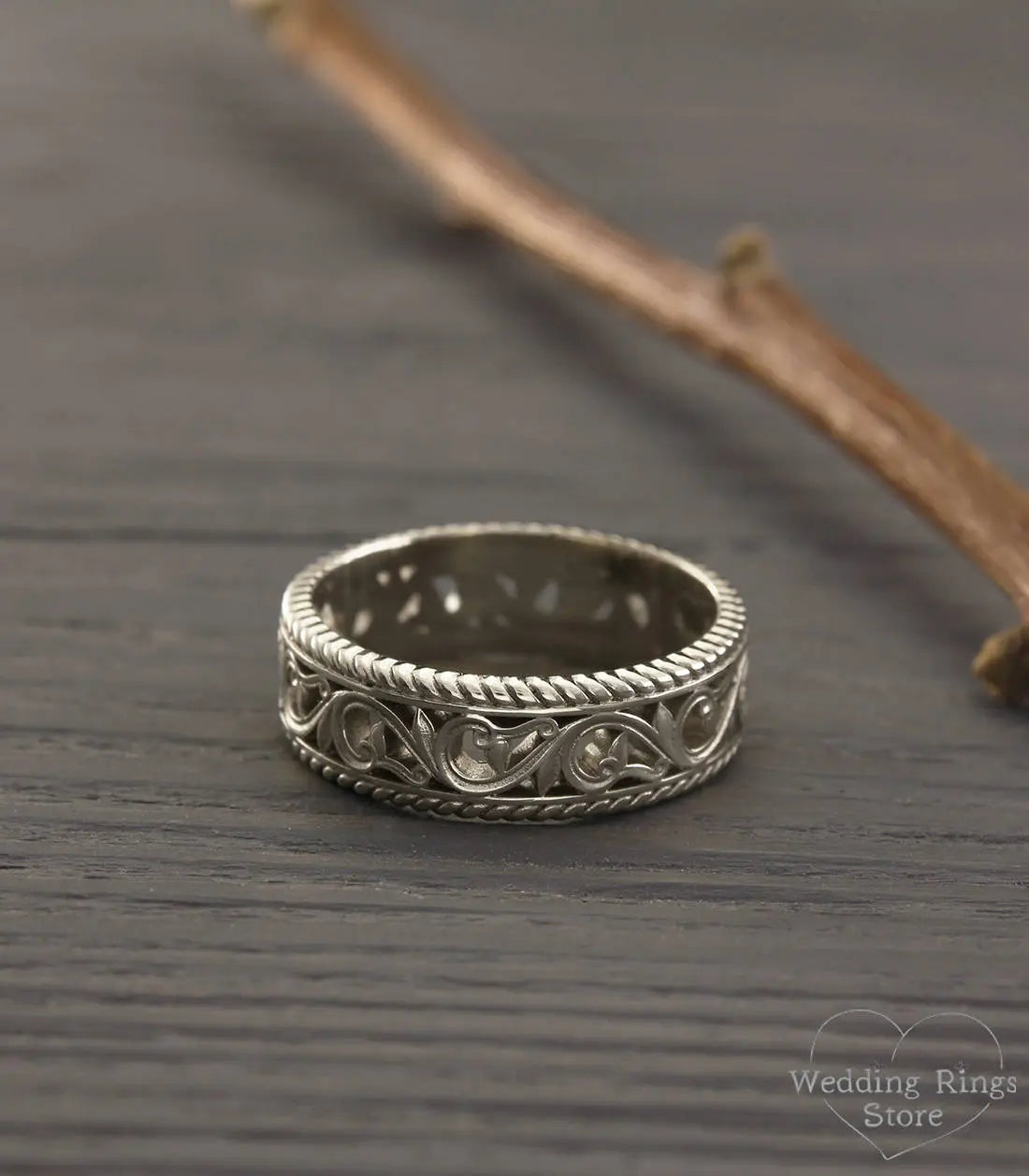 Vintage Style openwork Vine & Filigree Silver Wedding Ring