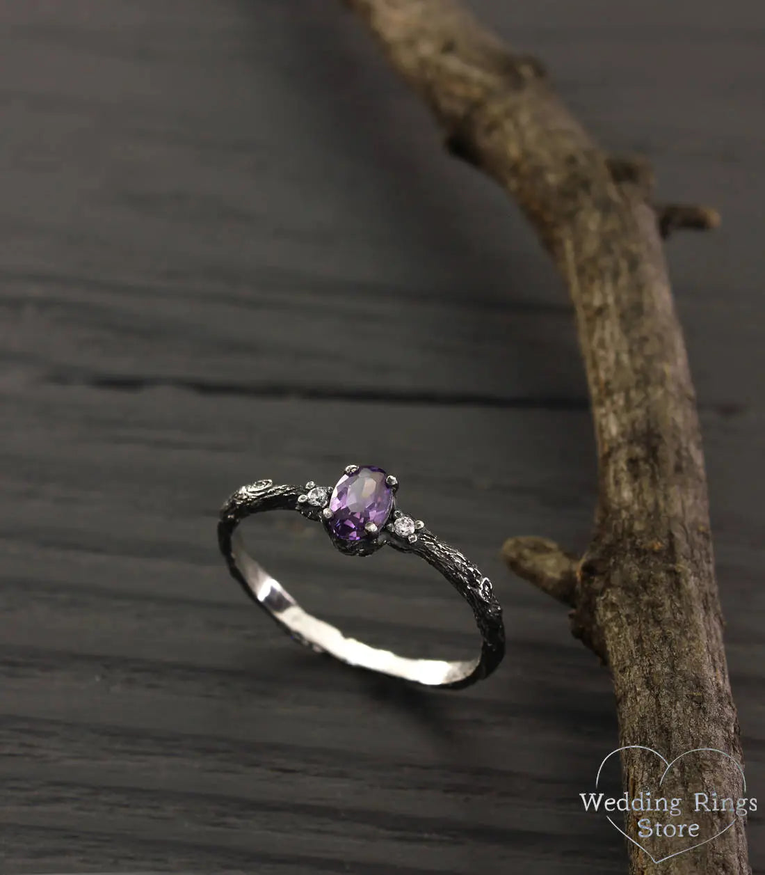 Tiny Silver Engagement Ring with Amethyst & Side Stones