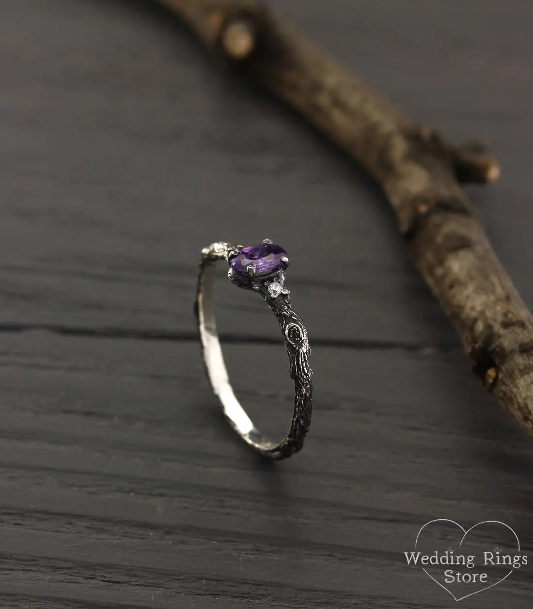 Tiny Silver Engagement Ring with Amethyst & Side Stones