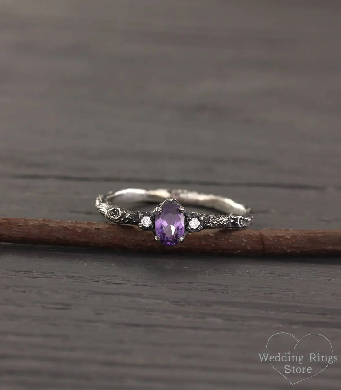 Tiny Silver Engagement Ring with Amethyst & Side Stones