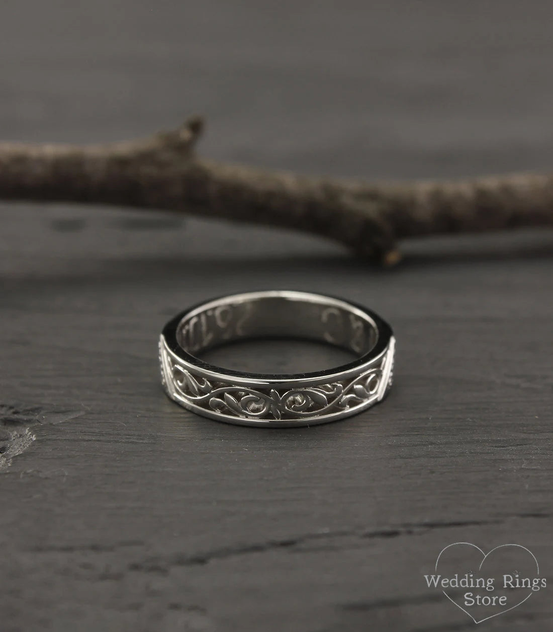 Vine small Wedding Band with Diamonds — Vintage style Silver Ring