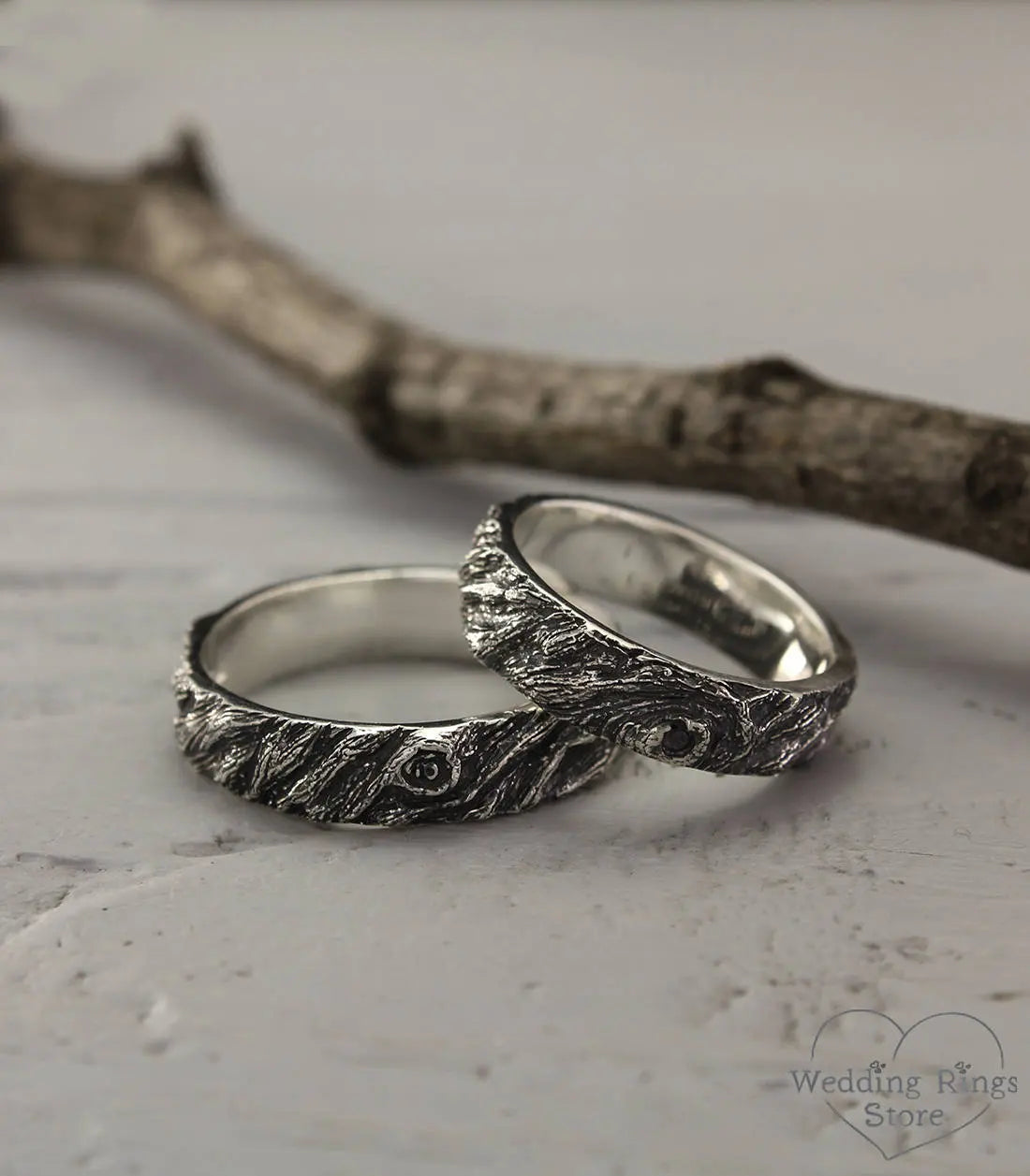 His & Her Forest Tree bark Silver Wedding Bands Set