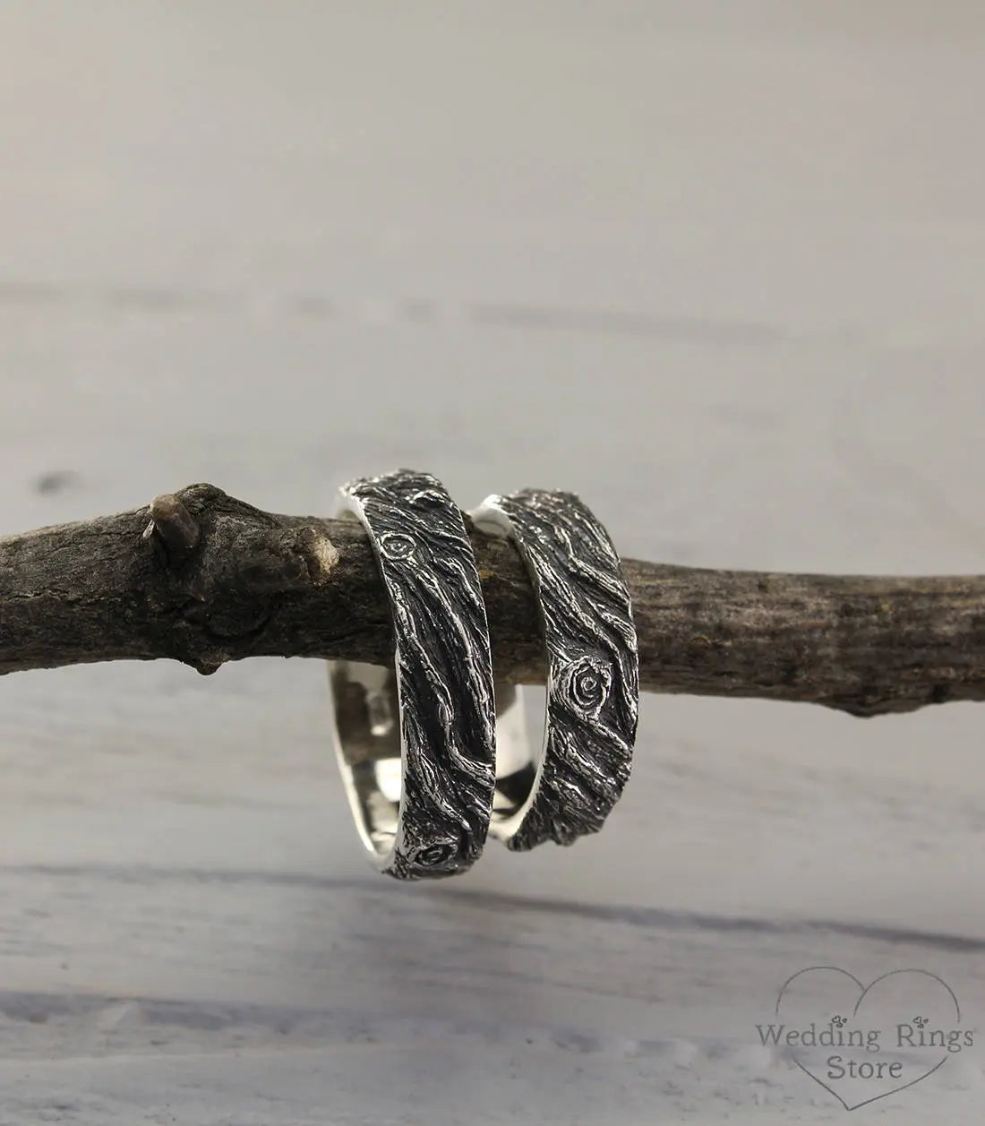 His & Her Forest Tree bark Silver Wedding Bands Set