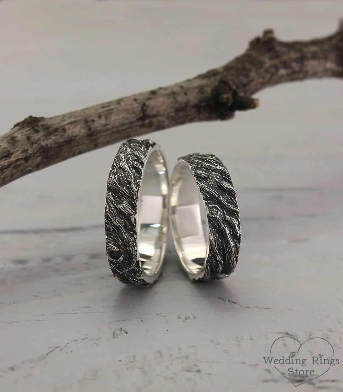 His & Her Forest Tree bark Silver Wedding Bands Set