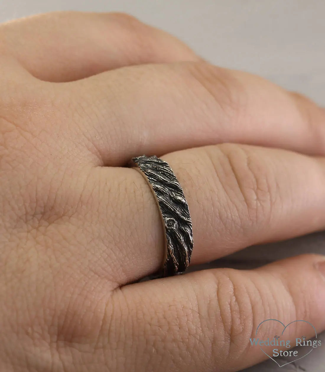 His & Her Forest Tree bark Silver Wedding Bands Set