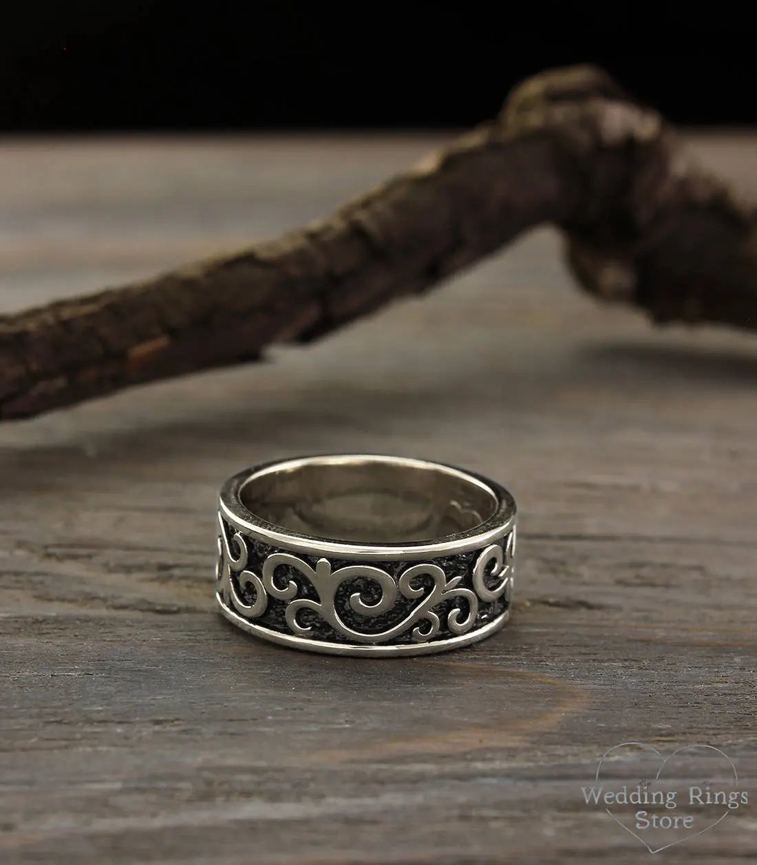 Antique style Sterling Silver Wedding Band Vines & Oxidized