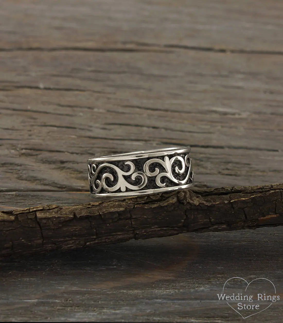 Antique style Sterling Silver Wedding Band Vines & Oxidized