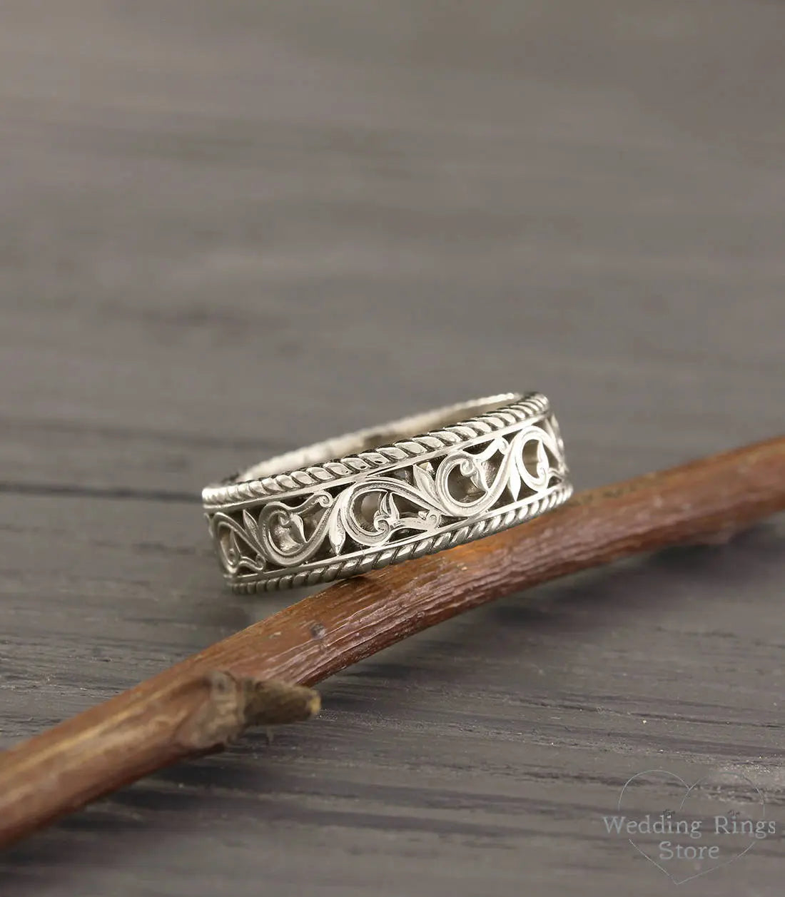 Vintage Style openwork Vine & Filigree Silver Wedding Ring