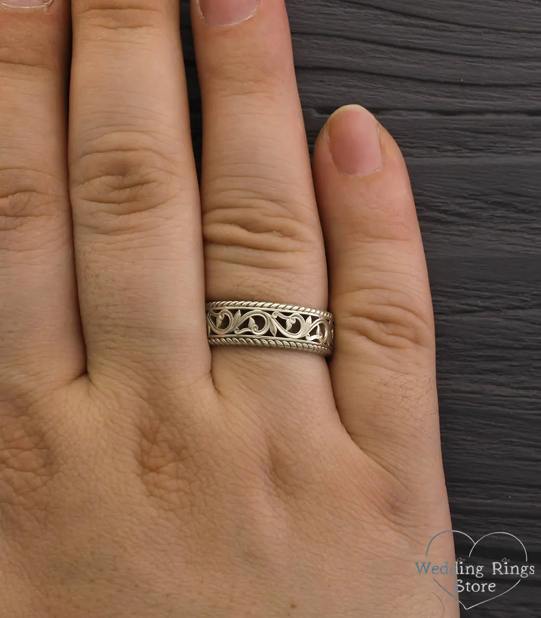 Vintage Style openwork Vine & Filigree Silver Wedding Ring