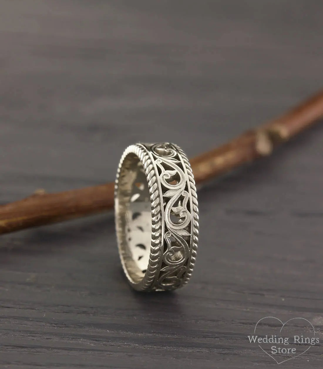 Vintage Style openwork Vine & Filigree Silver Wedding Ring