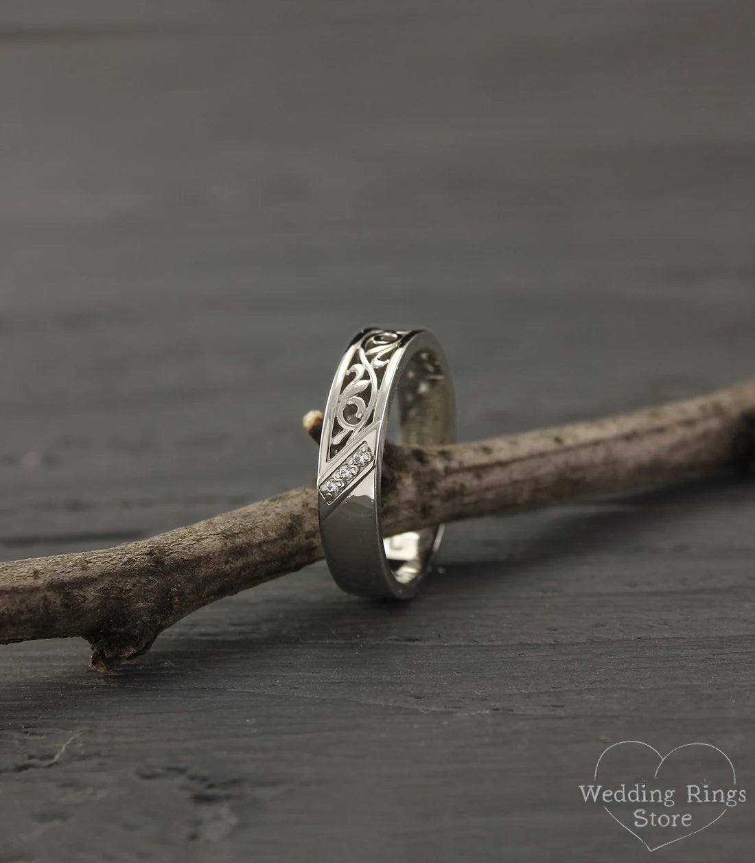 Vine small Wedding Band with Diamonds — Vintage style Silver Ring