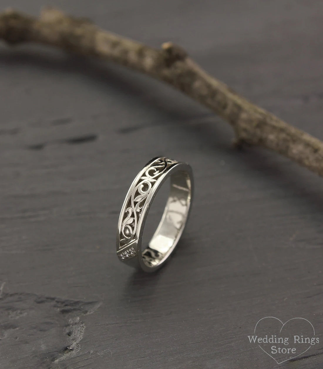 Vine small Wedding Band with Diamonds — Vintage style Silver Ring