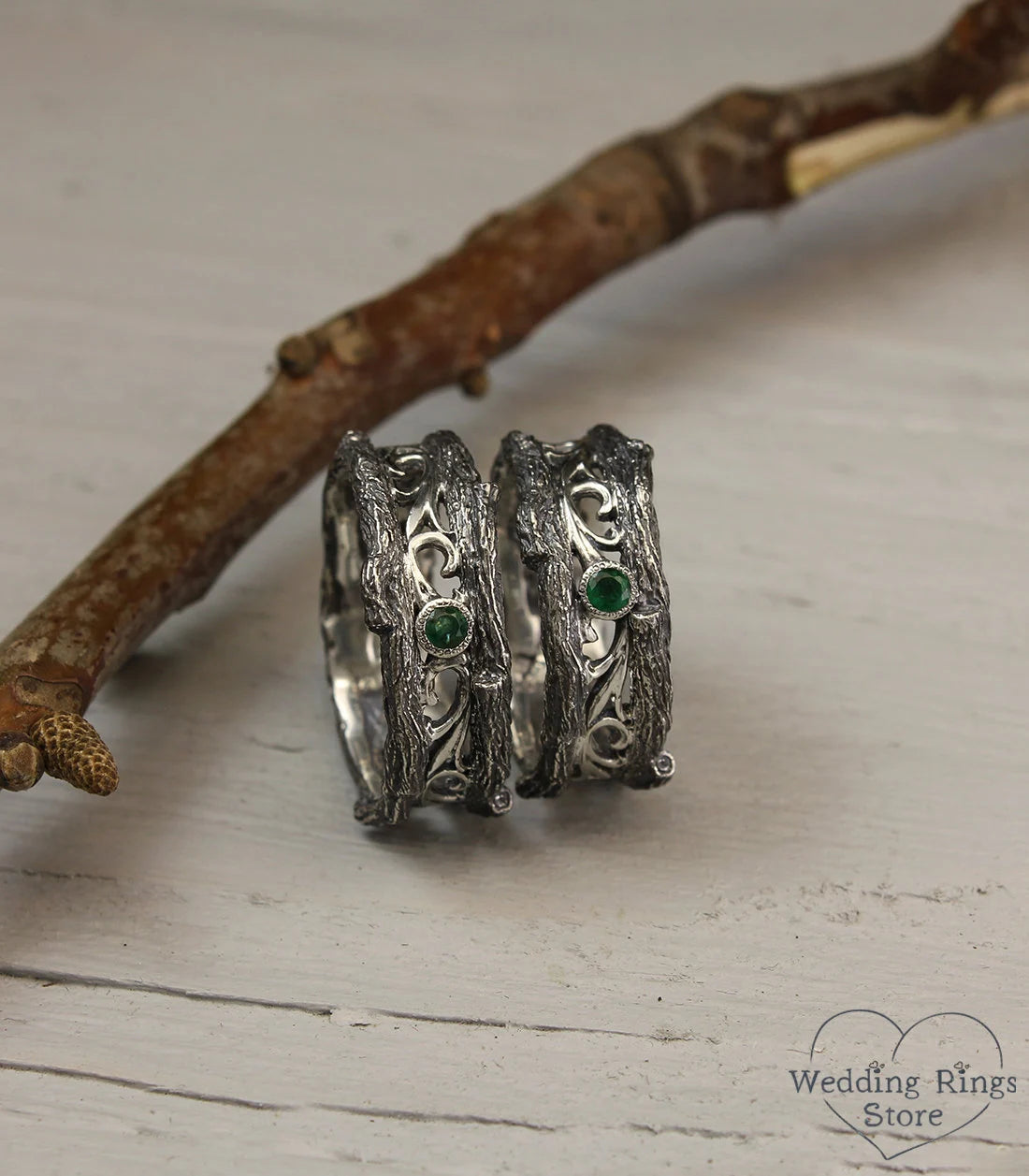 Forest & Vintage Style Silver Wedding Bands Set with Emeralds