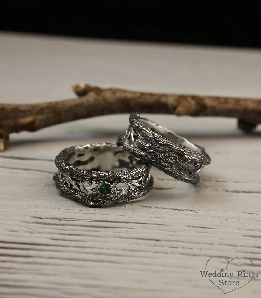 Forest & Vintage Style Silver Wedding Bands Set with Emeralds