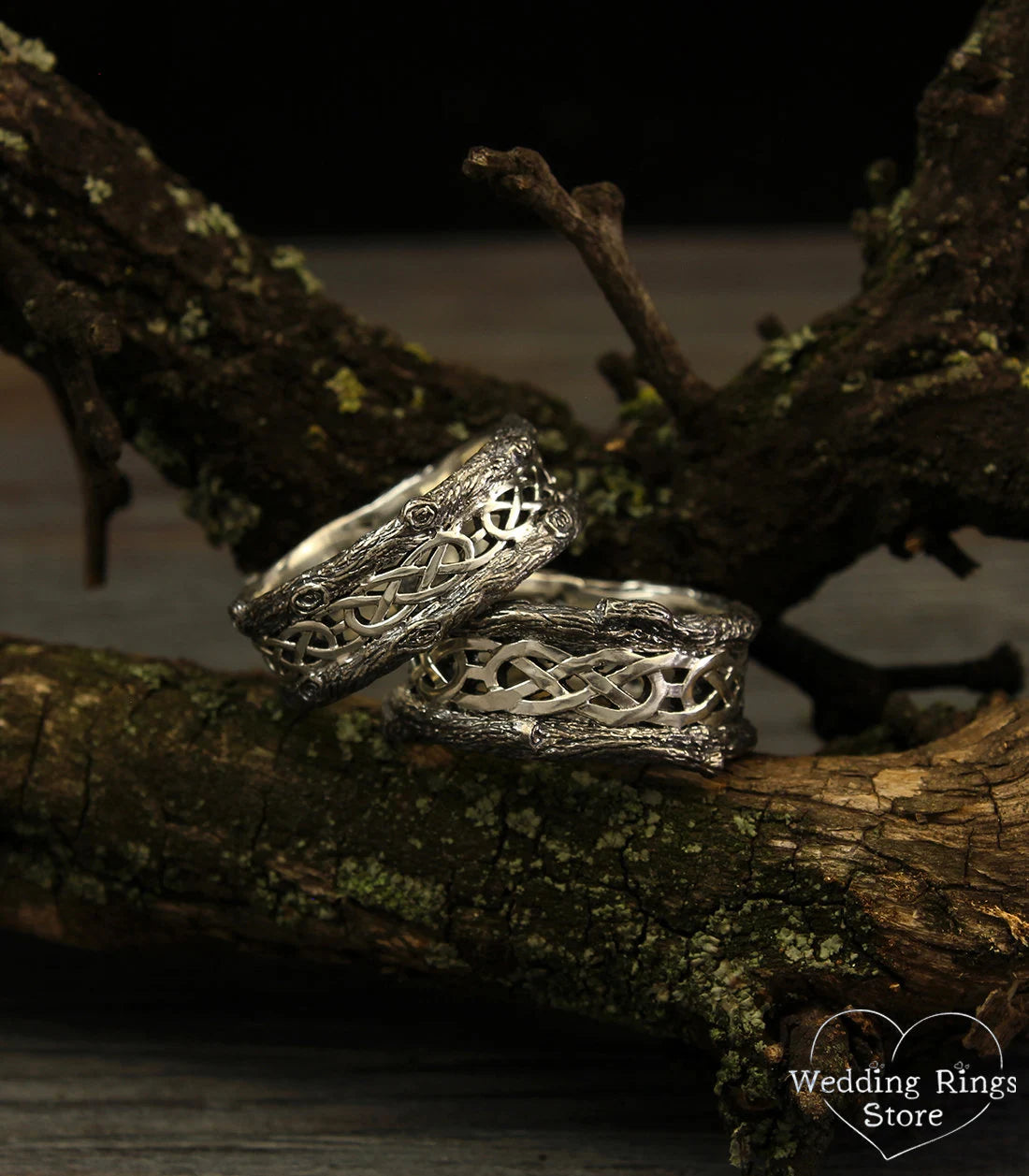 Celtic pattern and Tree bark Wedding Bands for Him & Her