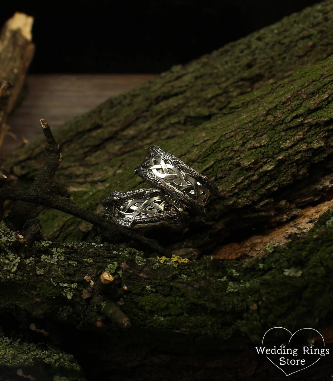 Braided and Tree Bark Celtic Wedding Bands Set