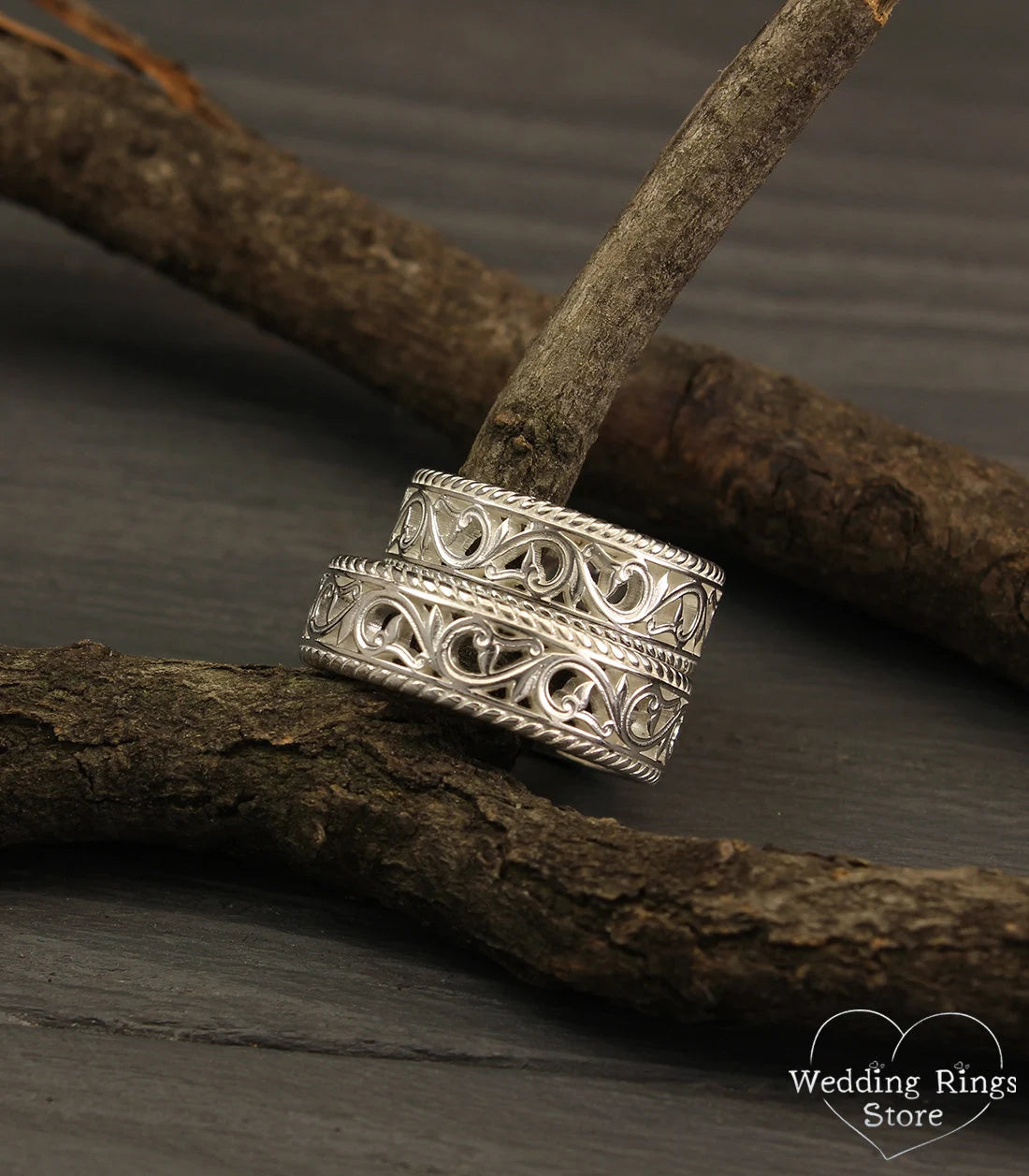 Filigree & Vintage style Silver Vine Wedding Rings Set