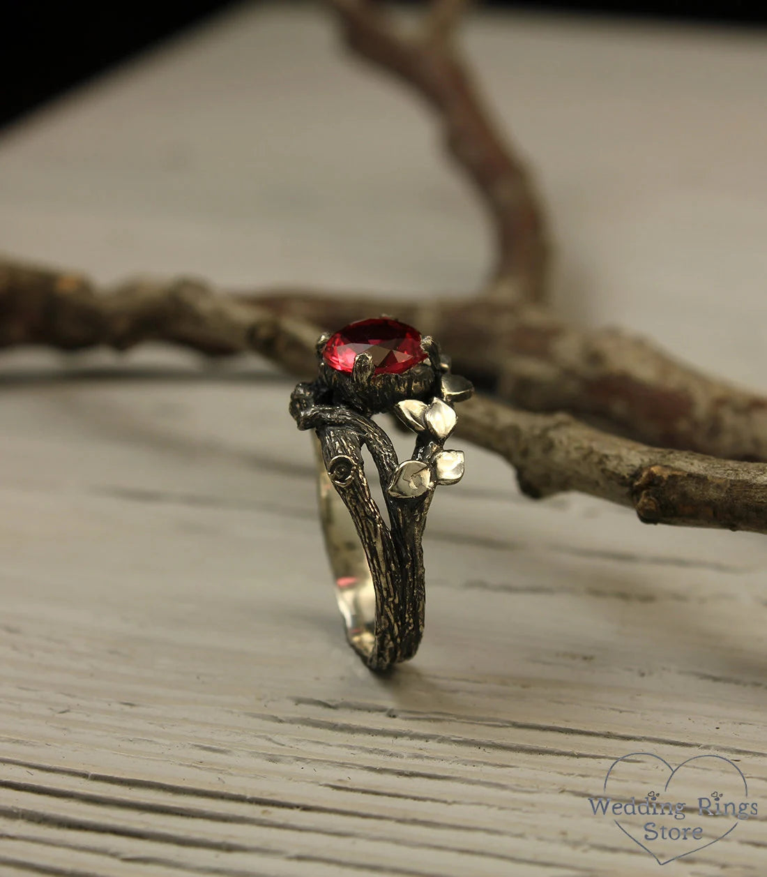 Big Ruby with Branch and Gold Leaves — Twig Engagement Ring