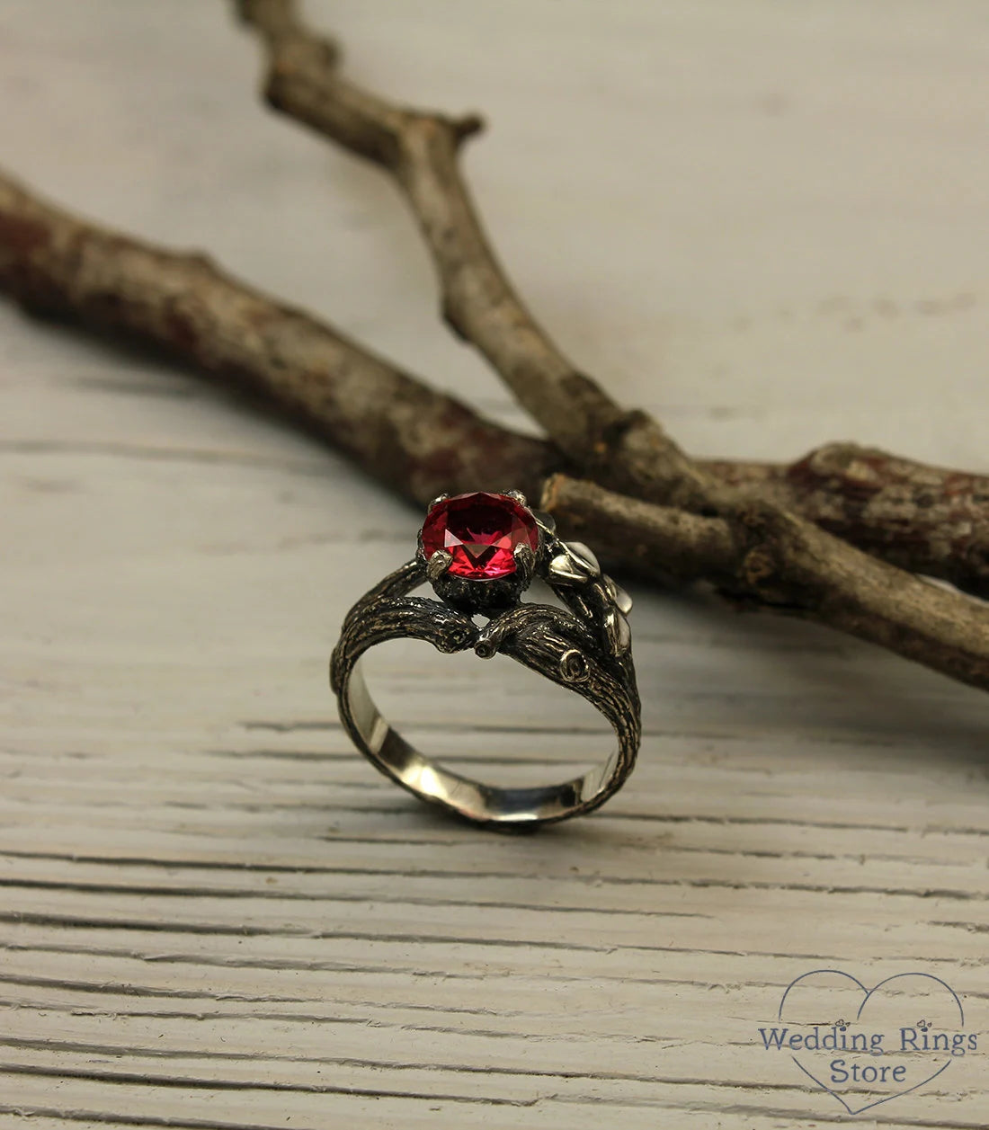 Big Ruby with Branch and Gold Leaves — Twig Engagement Ring