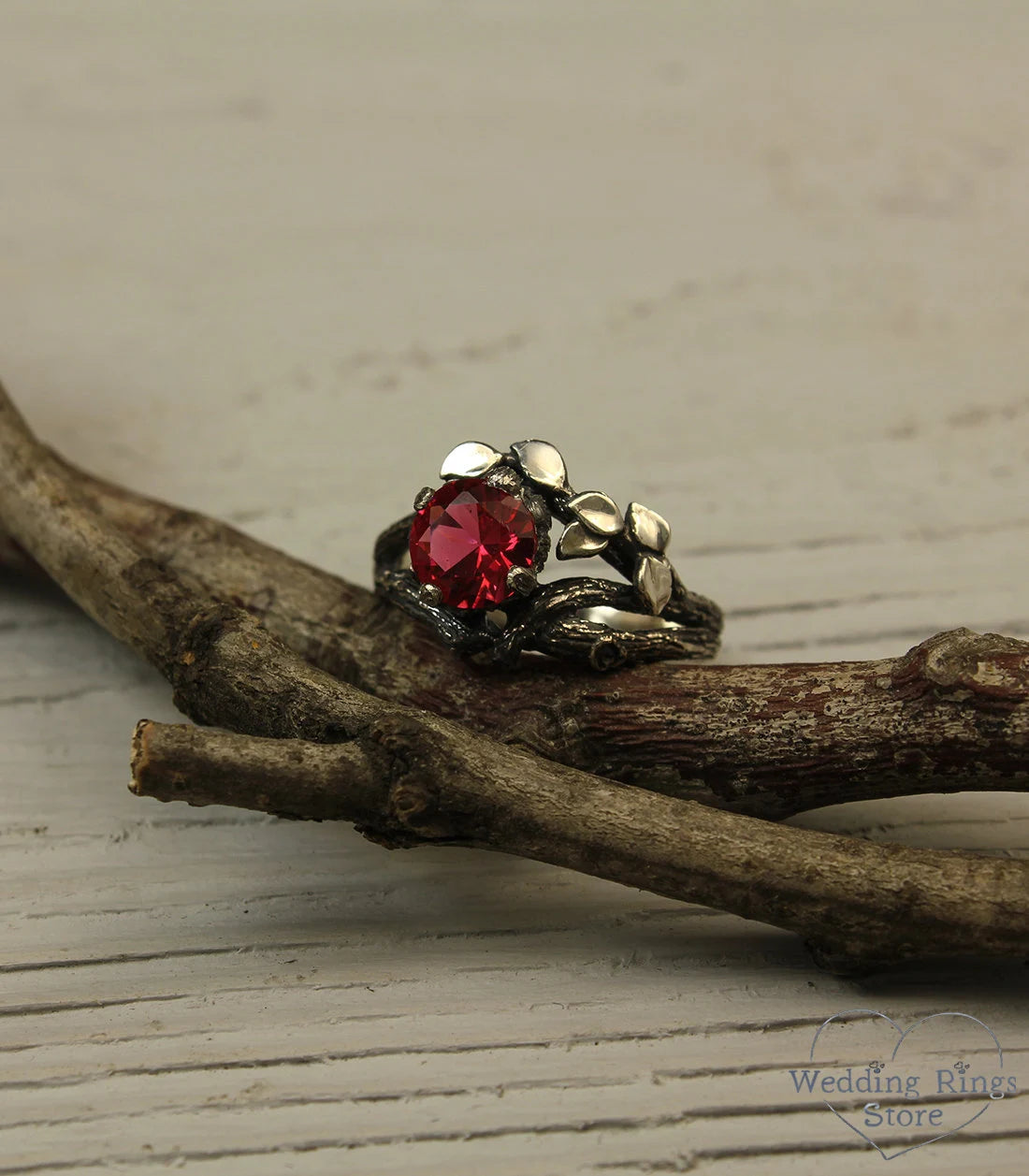 Big Ruby with Branch and Gold Leaves — Twig Engagement Ring