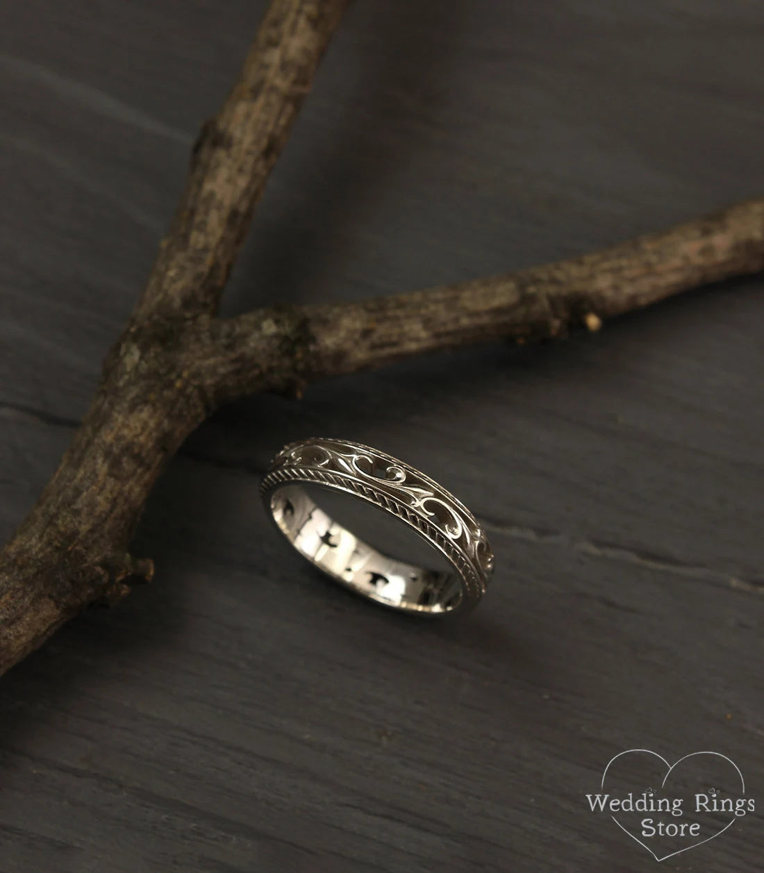 Silver Vine and Filigree Wedding Band Vintage style