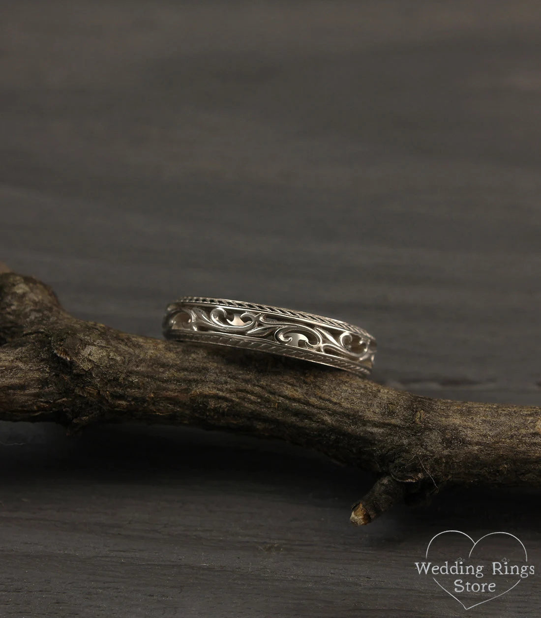 Silver Vine and Filigree Wedding Band Vintage style