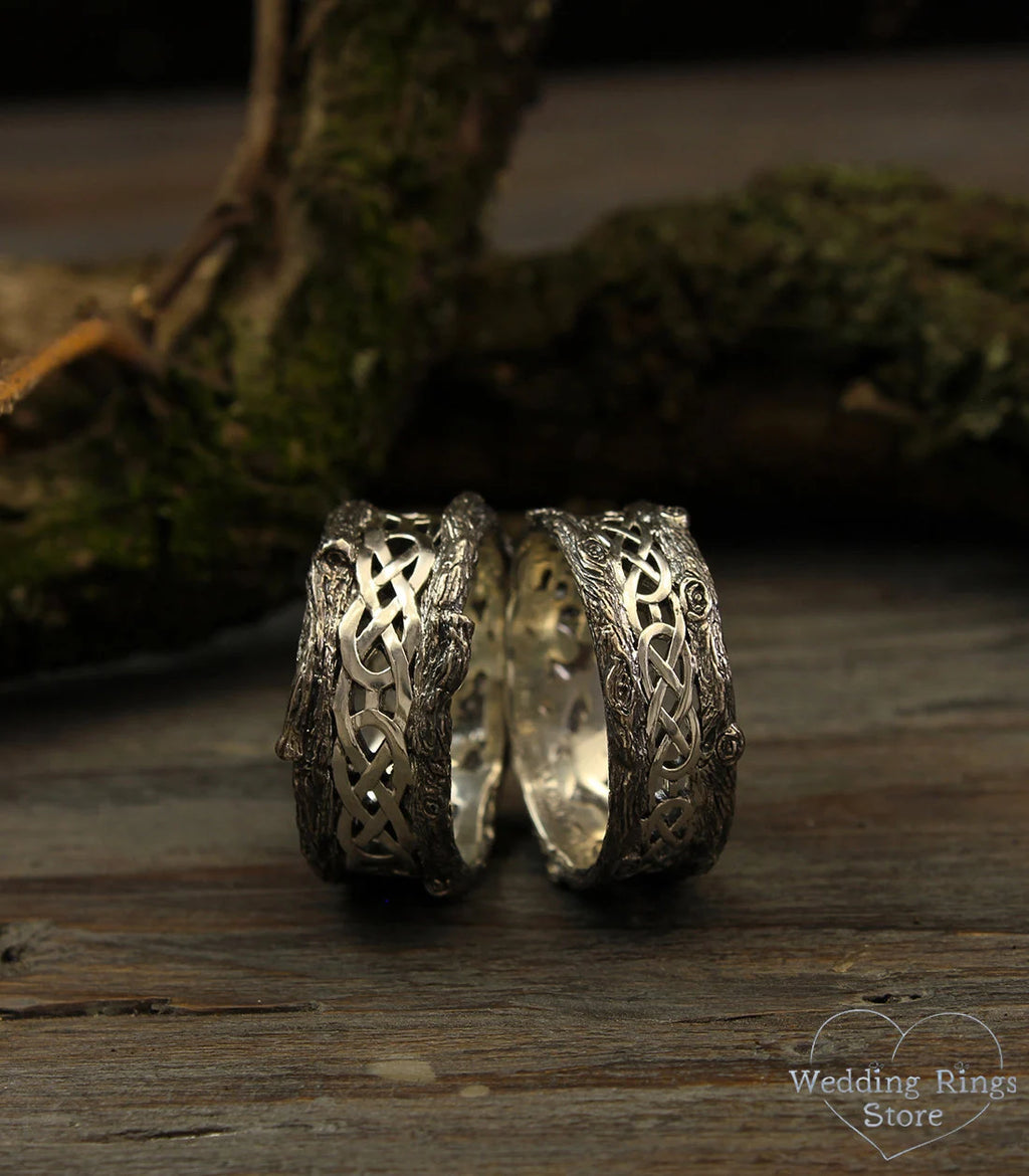 Unique mens celtic tree band, Large tree silver wedding band, Men's celtic wedding ring, Mens tree bark band, selling Wide silver ring, Unusual band