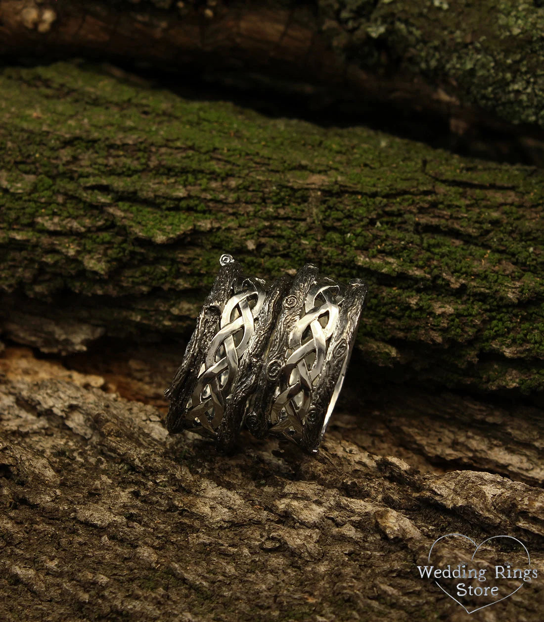 Braided and Tree Bark Celtic Wedding Bands Set