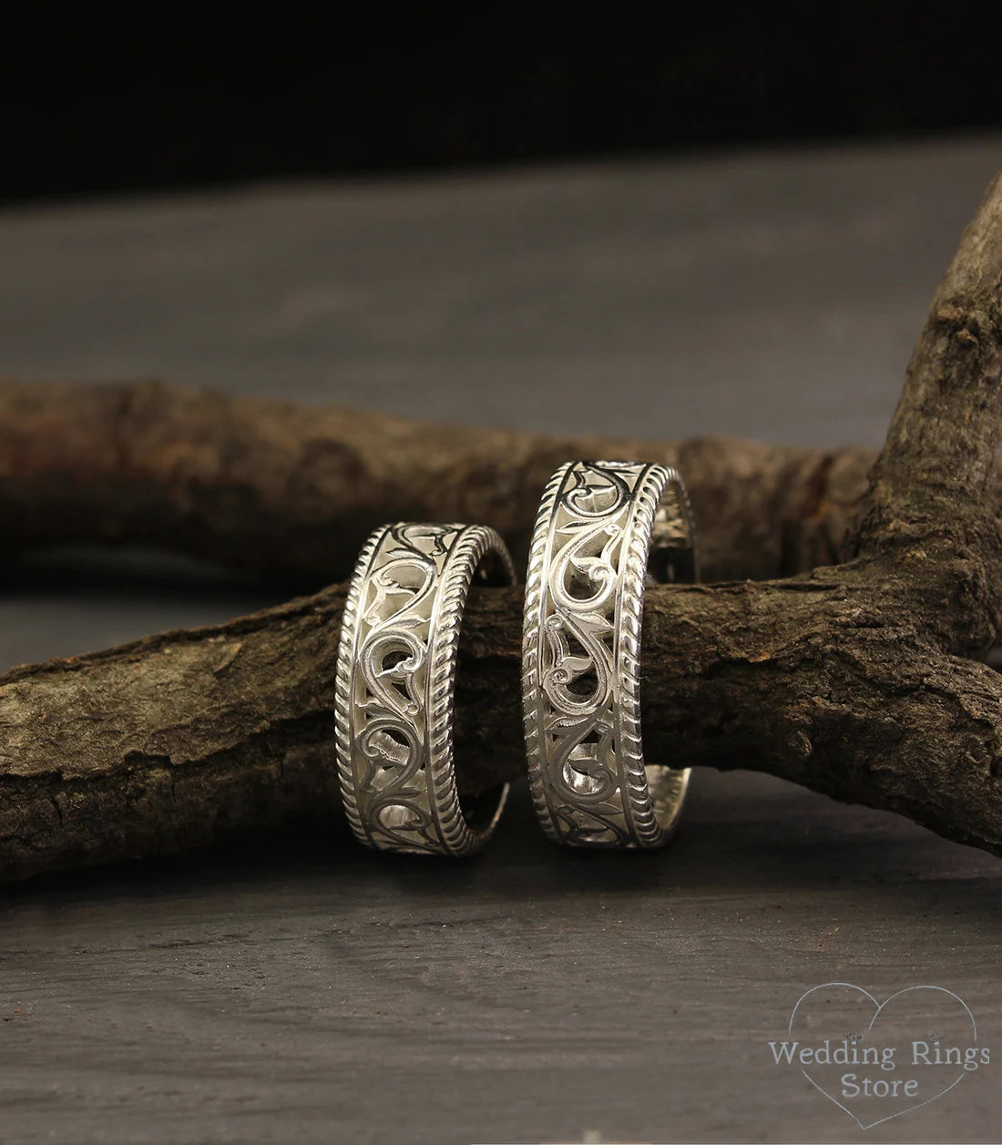 Filigree & Vintage style Silver Vine Wedding Rings Set