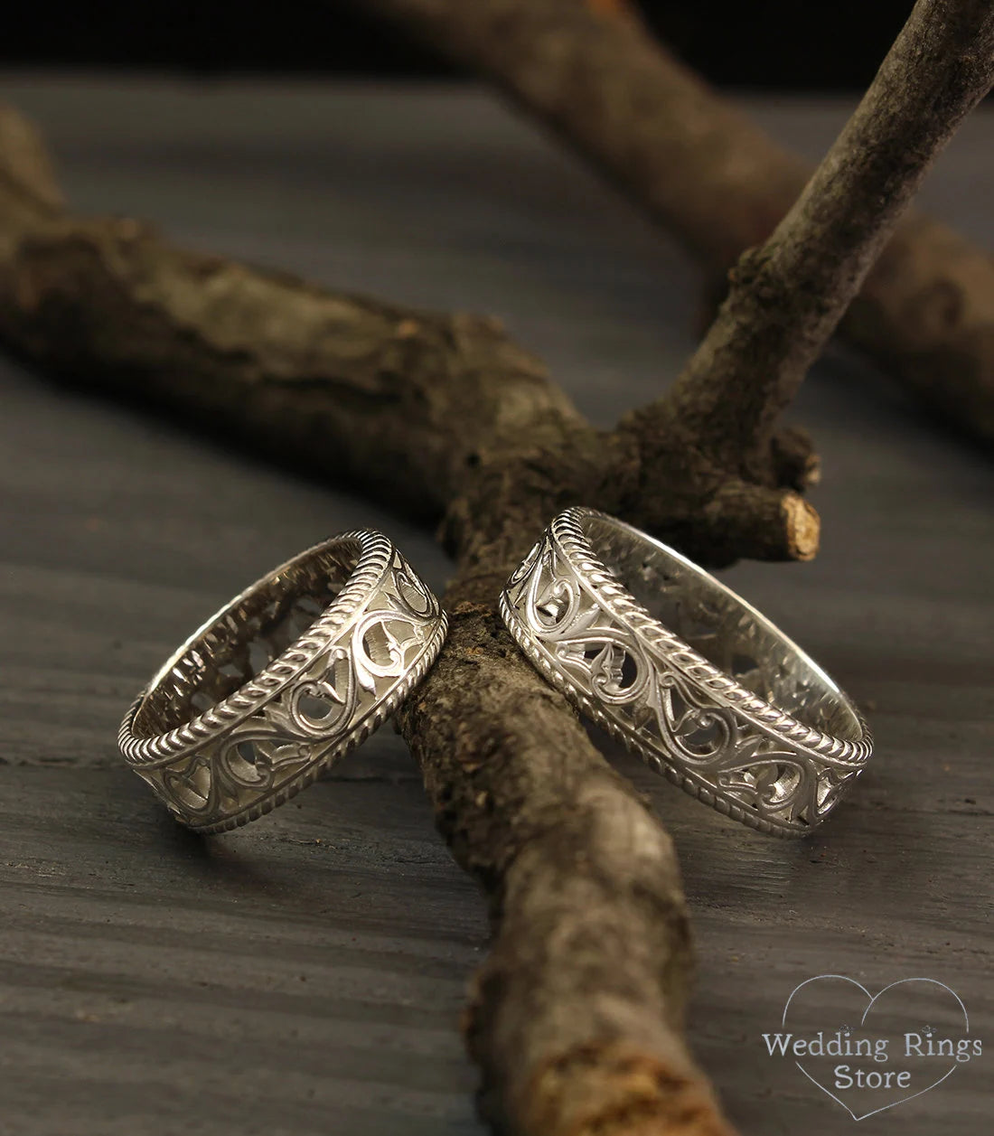 Filigree & Vintage style Silver Vine Wedding Rings Set