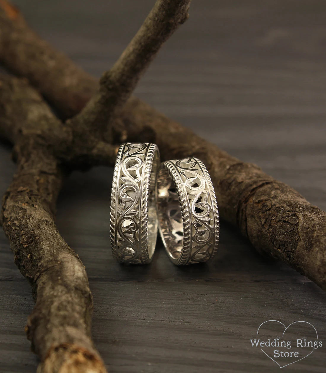 Filigree & Vintage style Silver Vine Wedding Rings Set