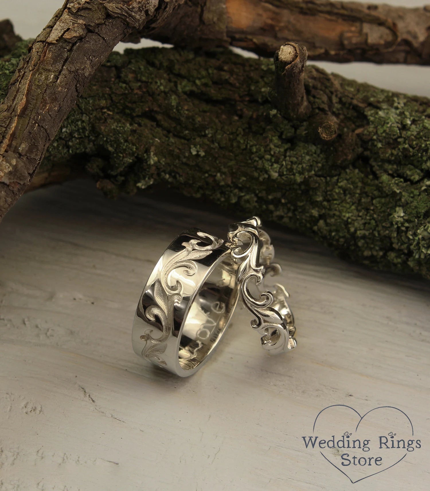 Posh Solid Silver Vine Wedding Bands Set in Vintage style