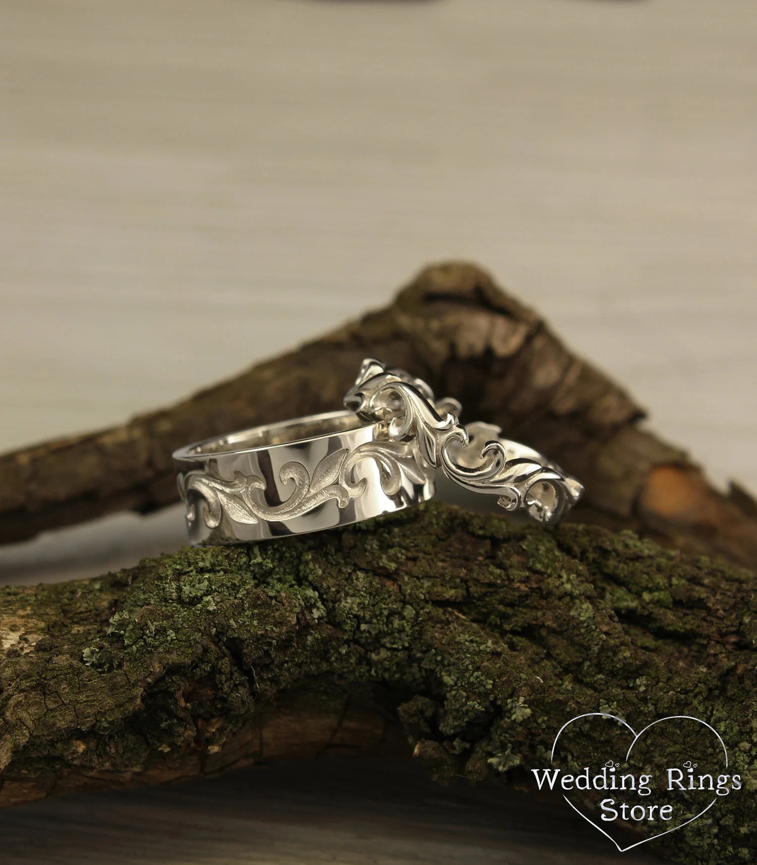 Posh Solid Silver Vine Wedding Bands Set in Vintage style