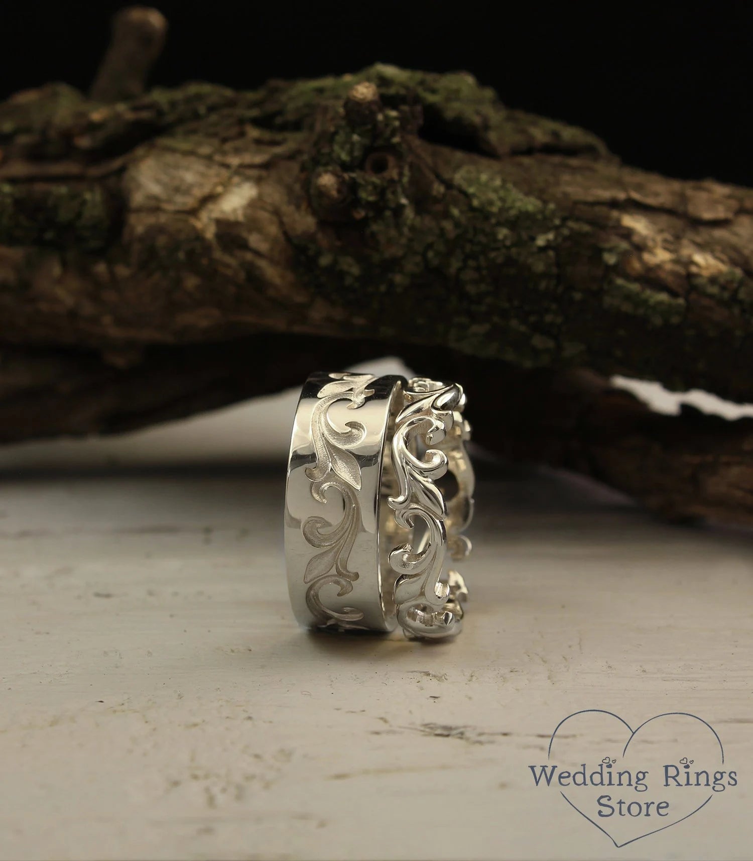 Posh Solid Silver Vine Wedding Bands Set in Vintage style