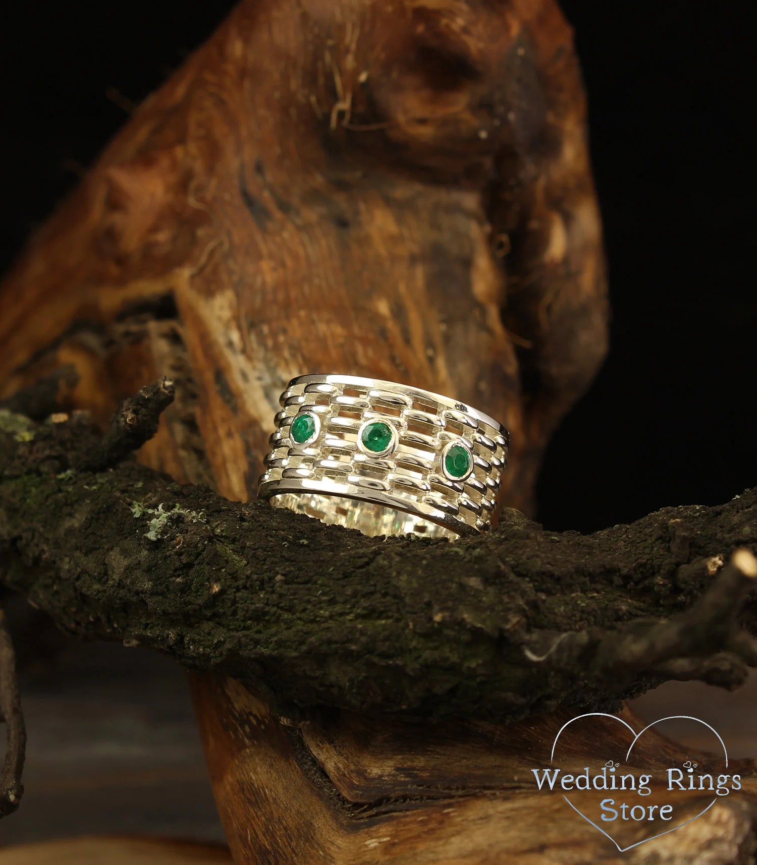 Exclusive Bold Men's Silver Wide Wedding Band with Emeralds