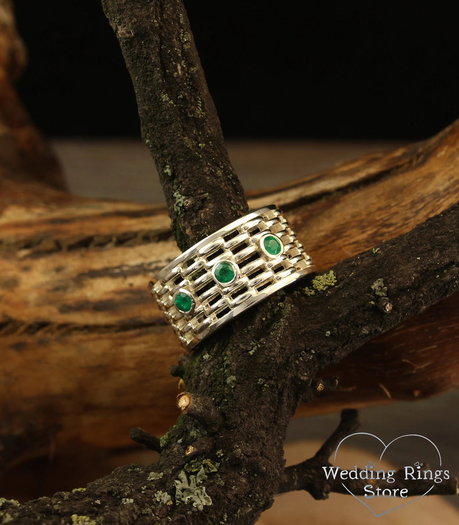 Exclusive Bold Men's Silver Wide Wedding Band with Emeralds