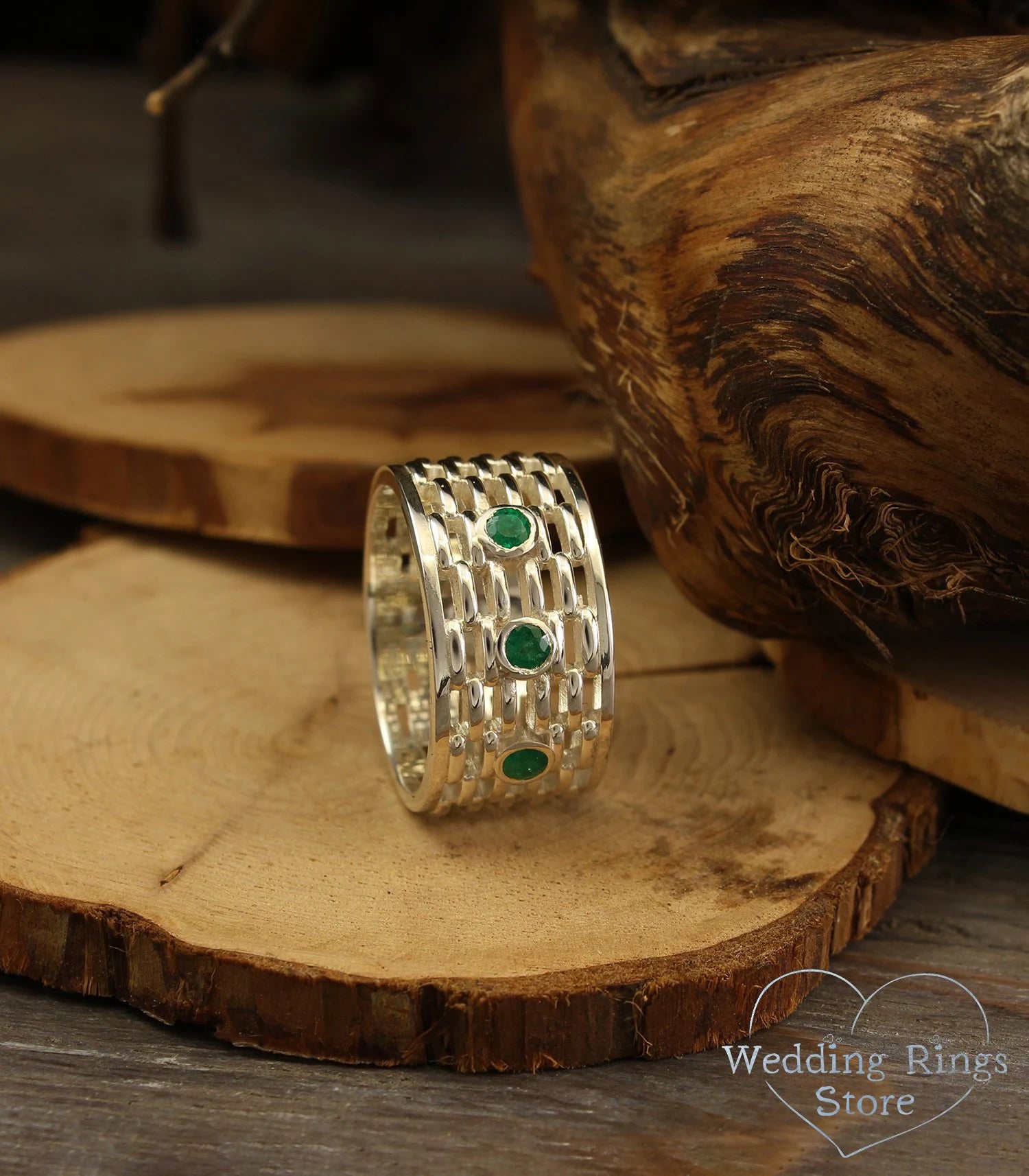 Exclusive Bold Men's Silver Wide Wedding Band with Emeralds