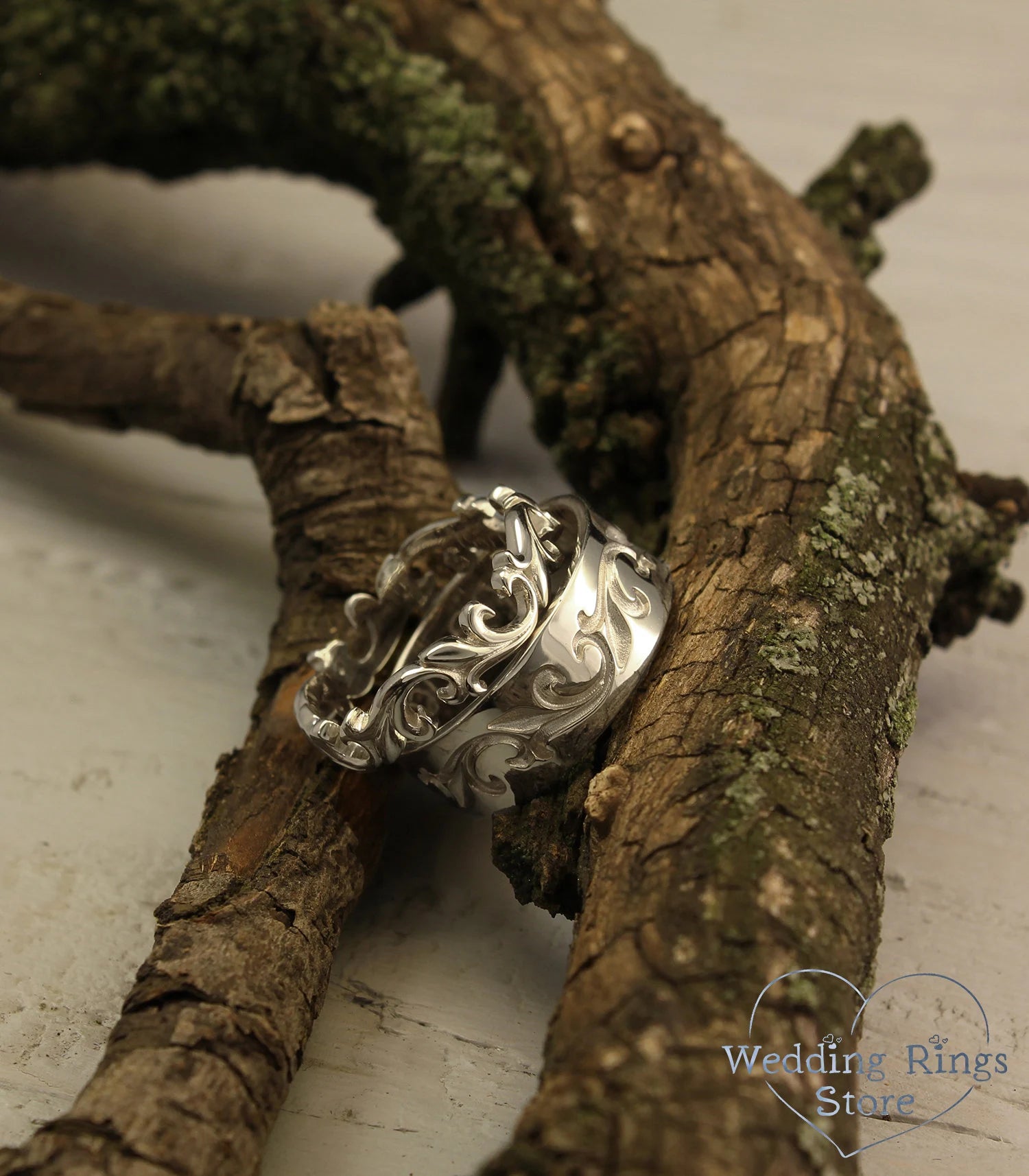 Posh Solid Silver Vine Wedding Bands Set in Vintage style