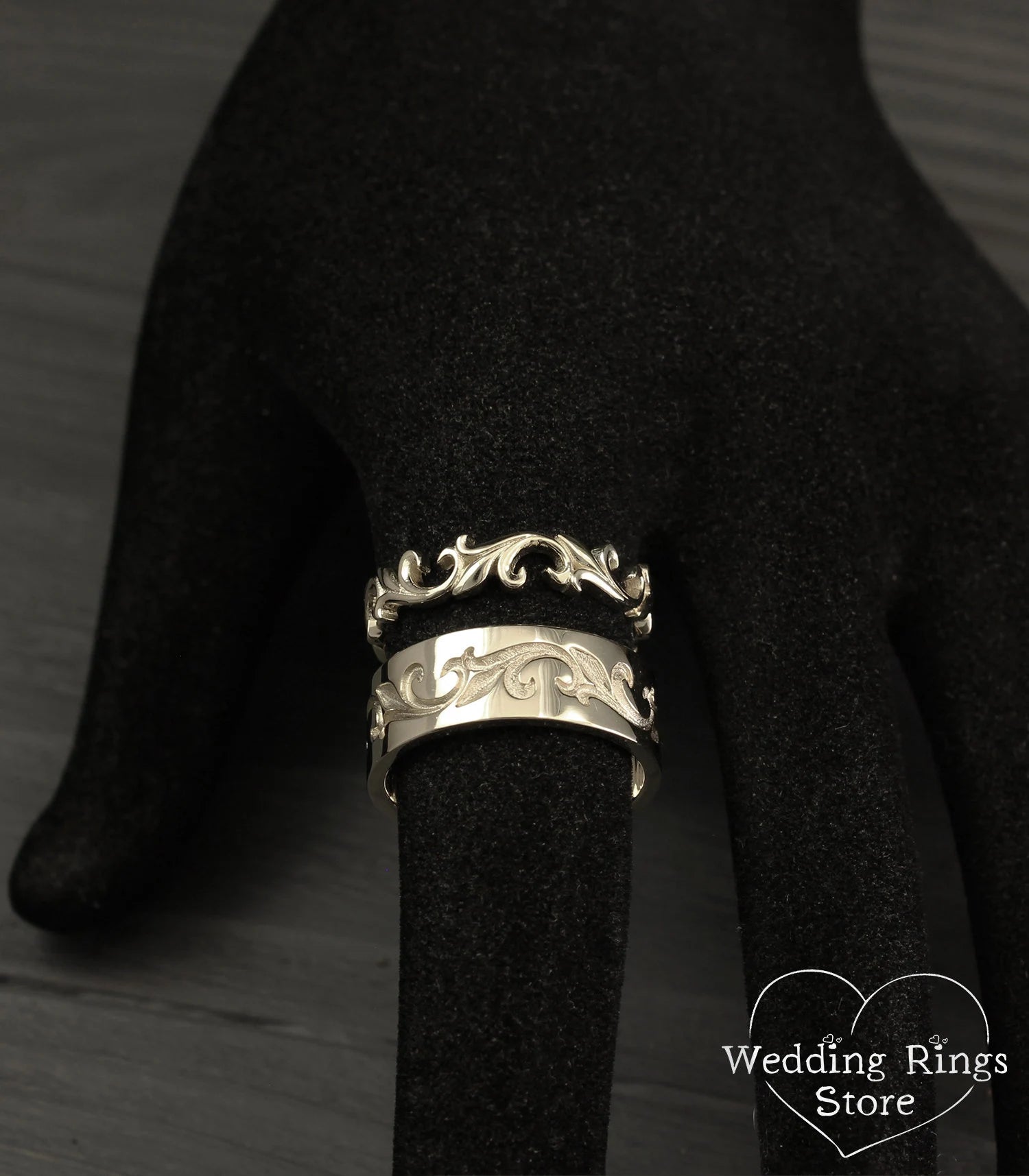 Posh Solid Silver Vine Wedding Bands Set in Vintage style