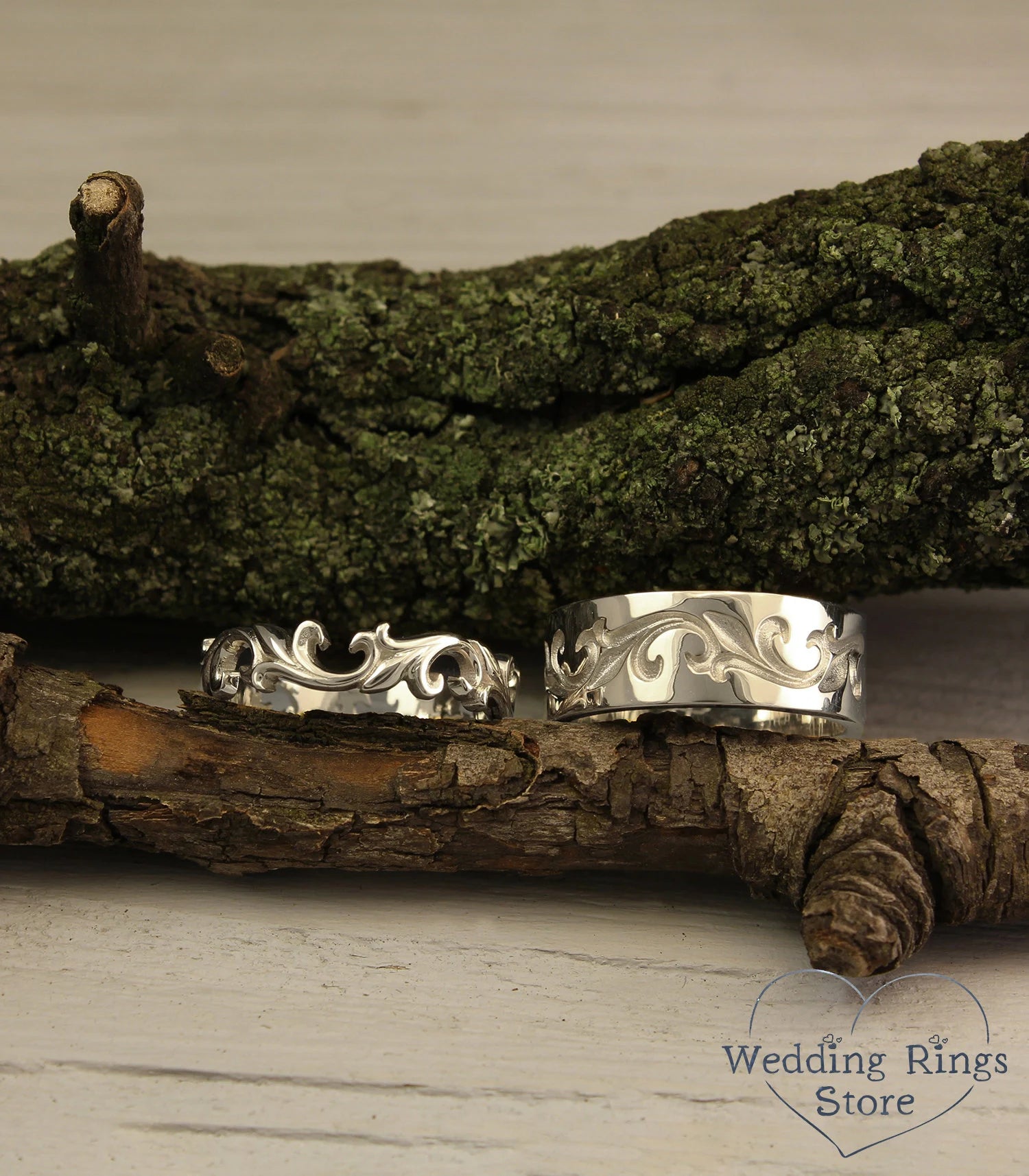 Posh Solid Silver Vine Wedding Bands Set in Vintage style