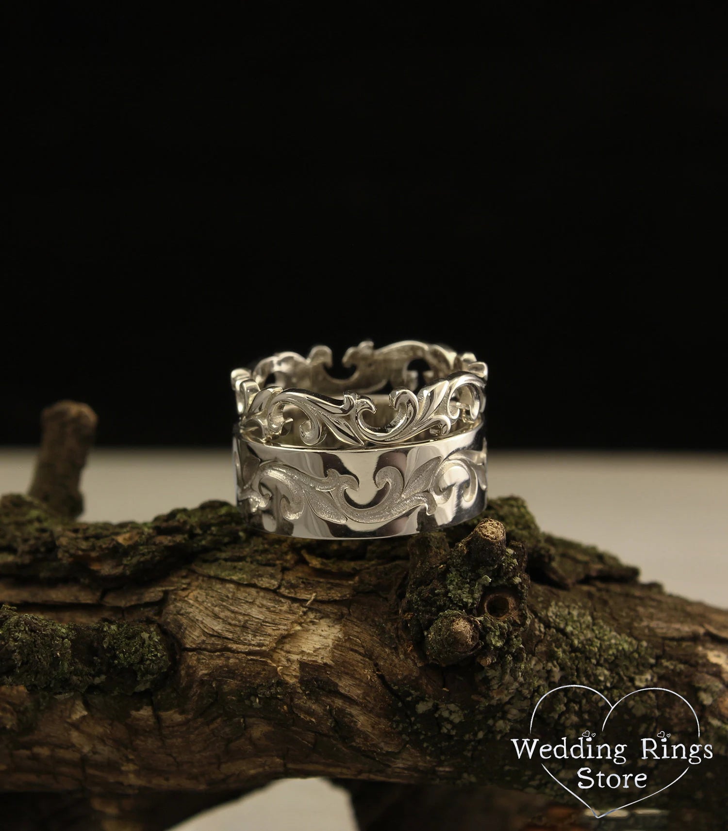 Posh Solid Silver Vine Wedding Bands Set in Vintage style