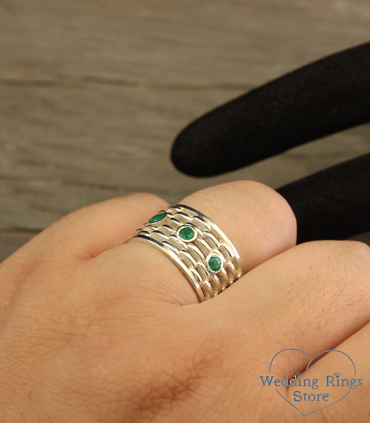 Exclusive Bold Men's Silver Wide Wedding Band with Emeralds