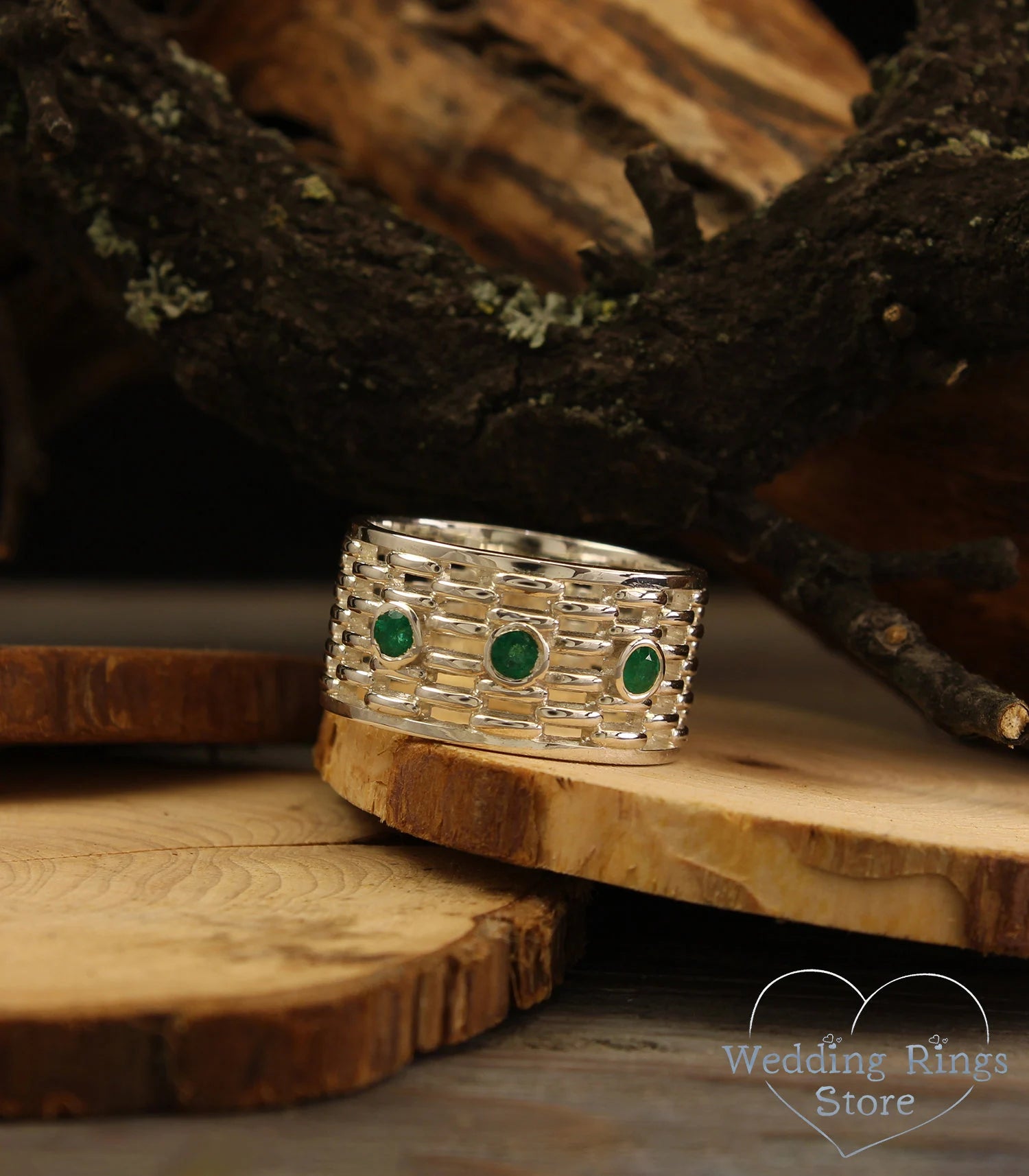 Exclusive Bold Men's Silver Wide Wedding Band with Emeralds