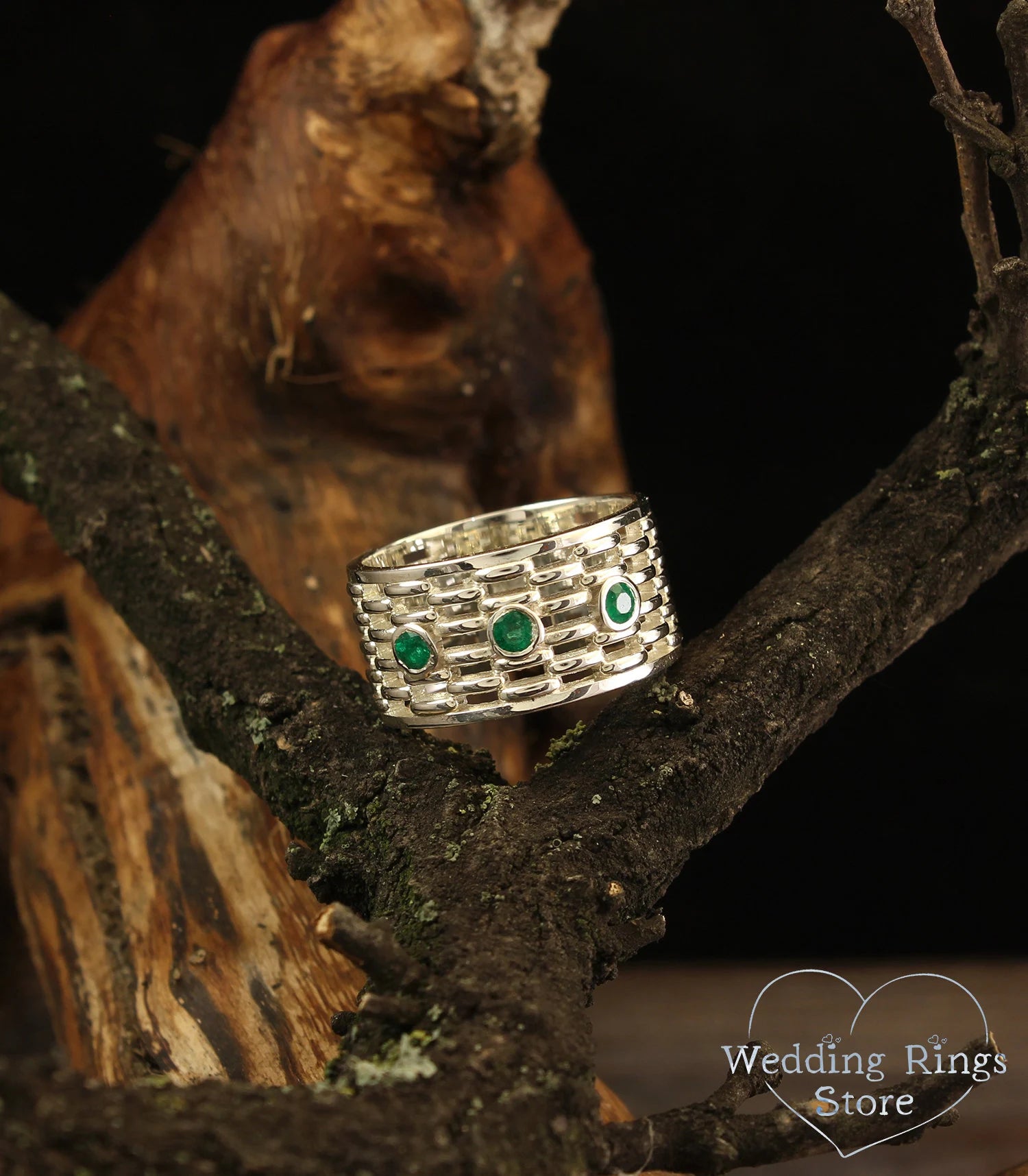 Exclusive Bold Men's Silver Wide Wedding Band with Emeralds