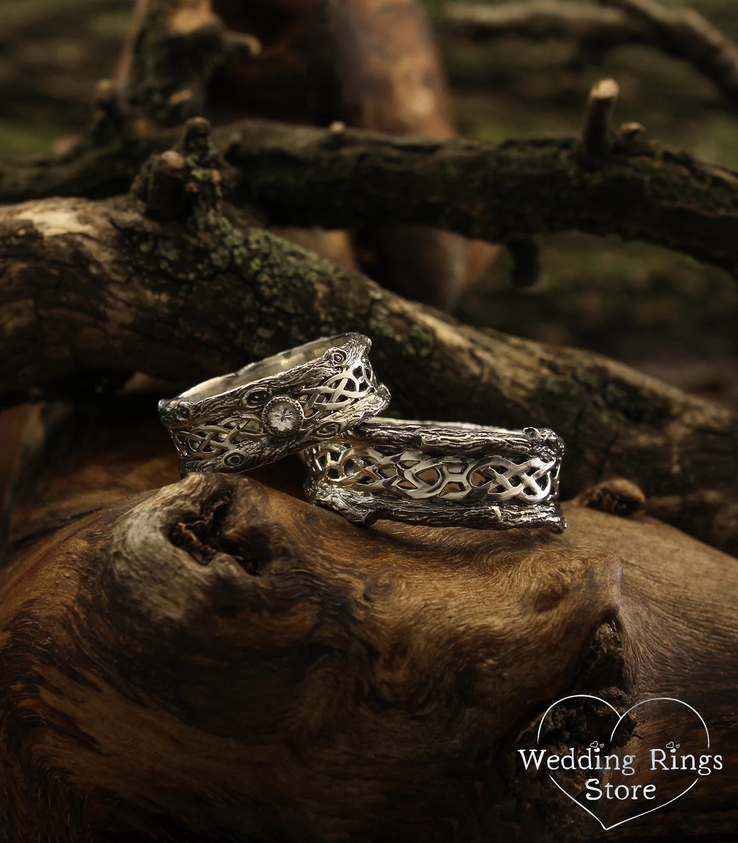 Silver Tree bark Couple Celtic Wedding Bands Set with Gem